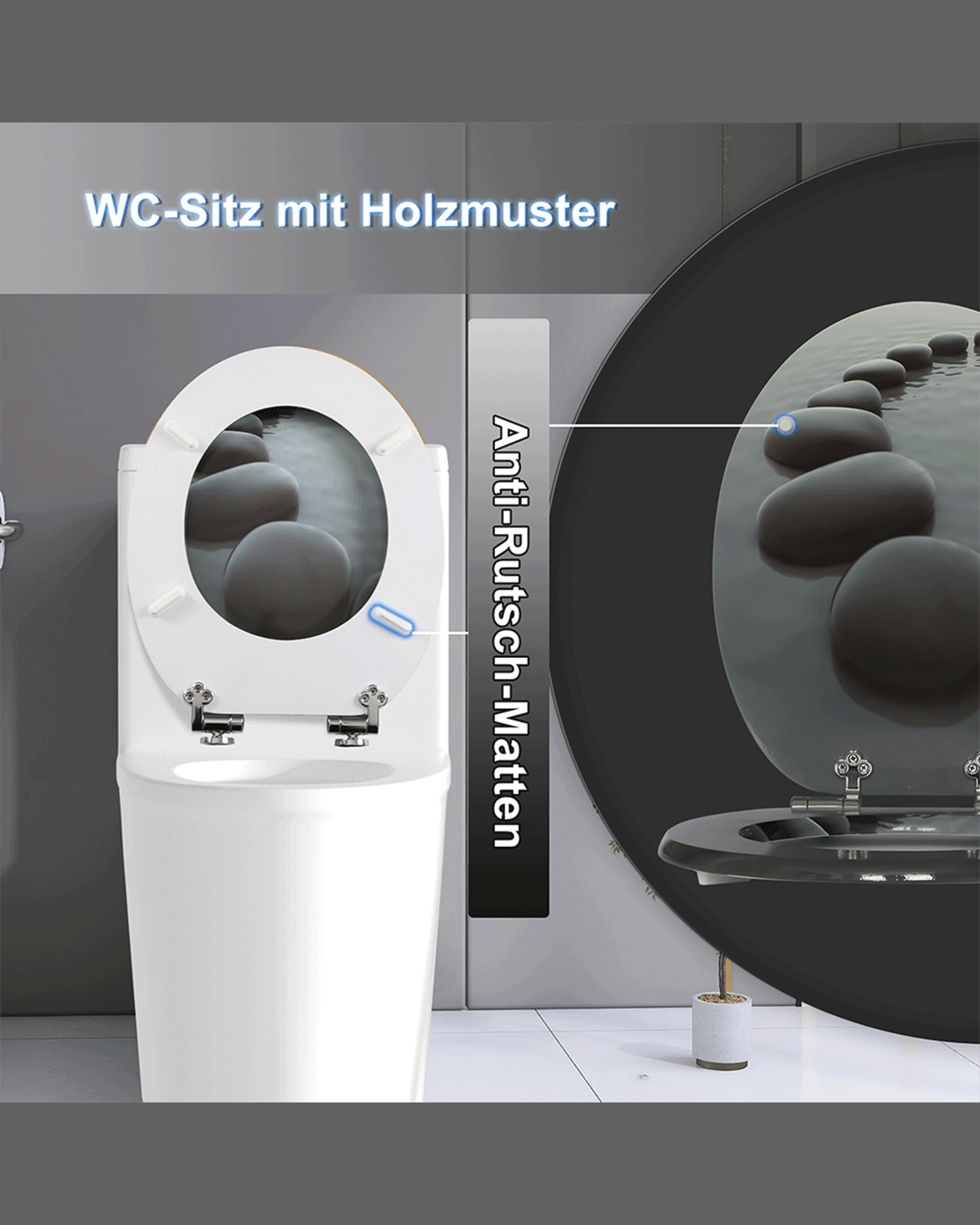 SINOBATH Toilettensitz mit Absenkautomatik, MDF-Holzkern, WC-Sitz ,Softclose-Scharnier（Schwarze Kieselsteine）