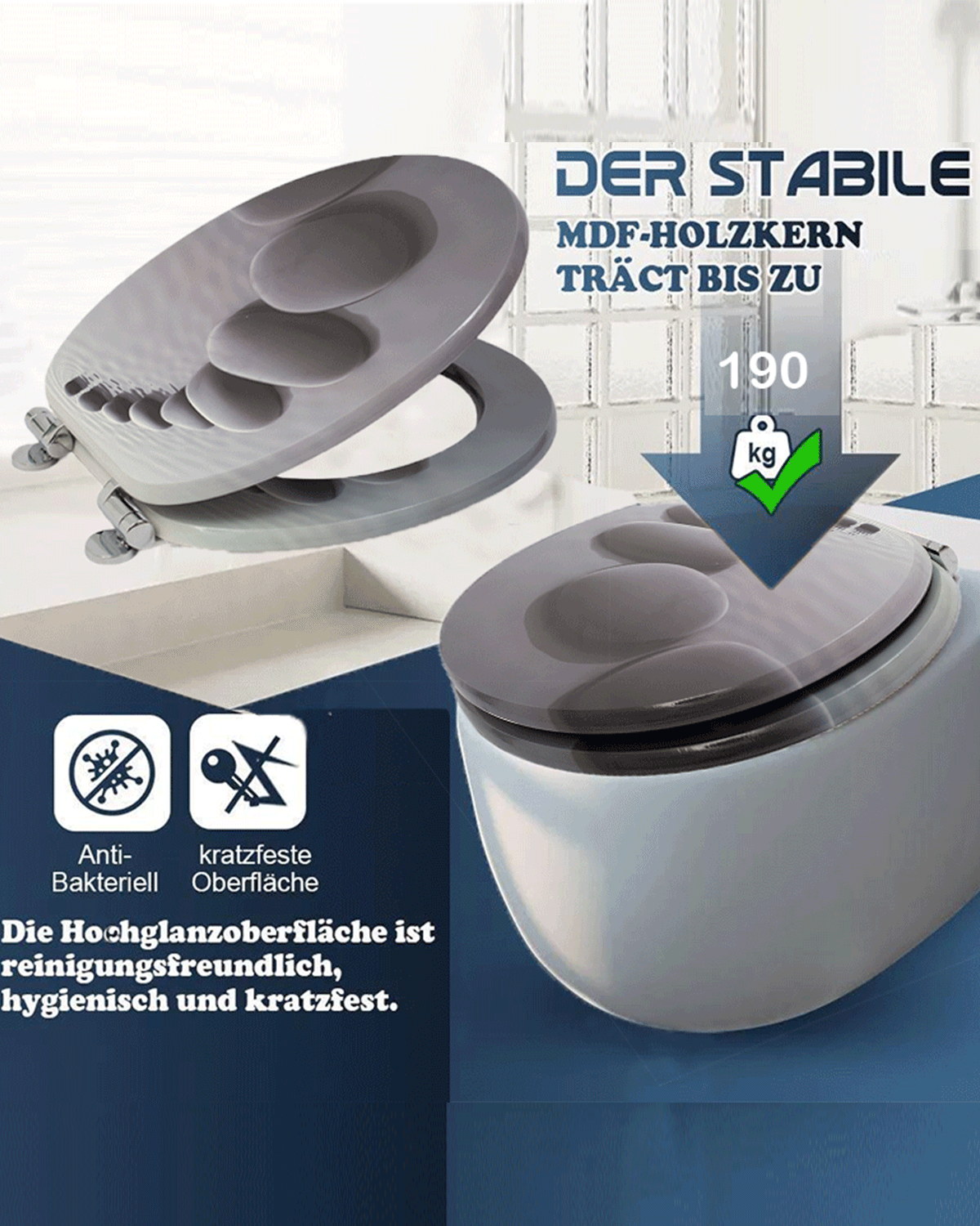 SINOBATH Toilettensitz mit Absenkautomatik, MDF-Holzkern, WC-Sitz ,Softclose-Scharnier（Schwarze Kieselsteine）