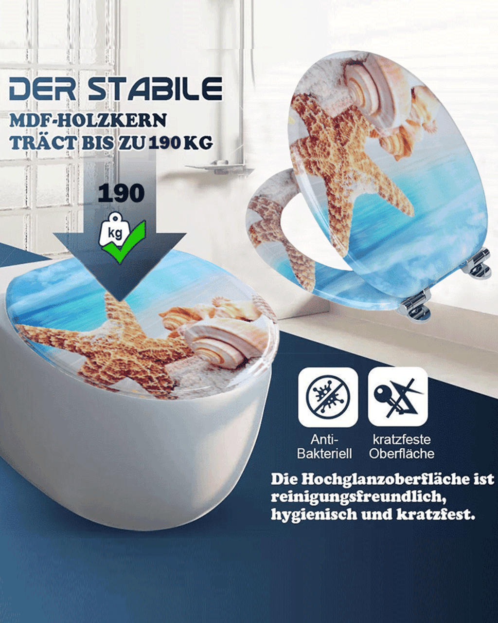 SINOBATH (H043)MDF-Holzkern, WC-Sitz Toilettensitz mit Absenkautomatik, Softclose-Scharnier（Seestern）