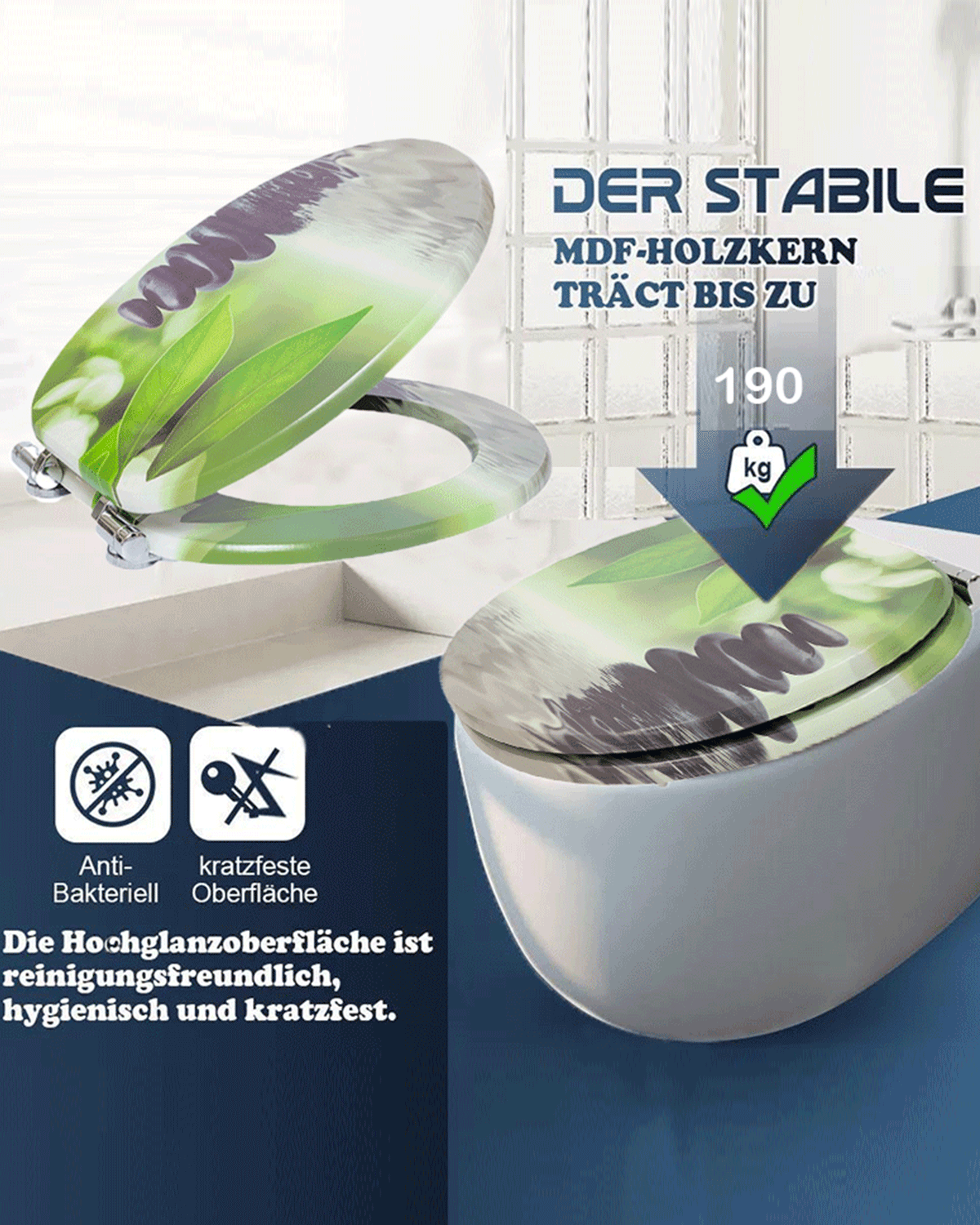 SINOBATH (H045) WC-Sitzmit Absenkautomatik,  Toilettensitz ,MDF-Holzkern, Softclose-Scharnier（Stein）