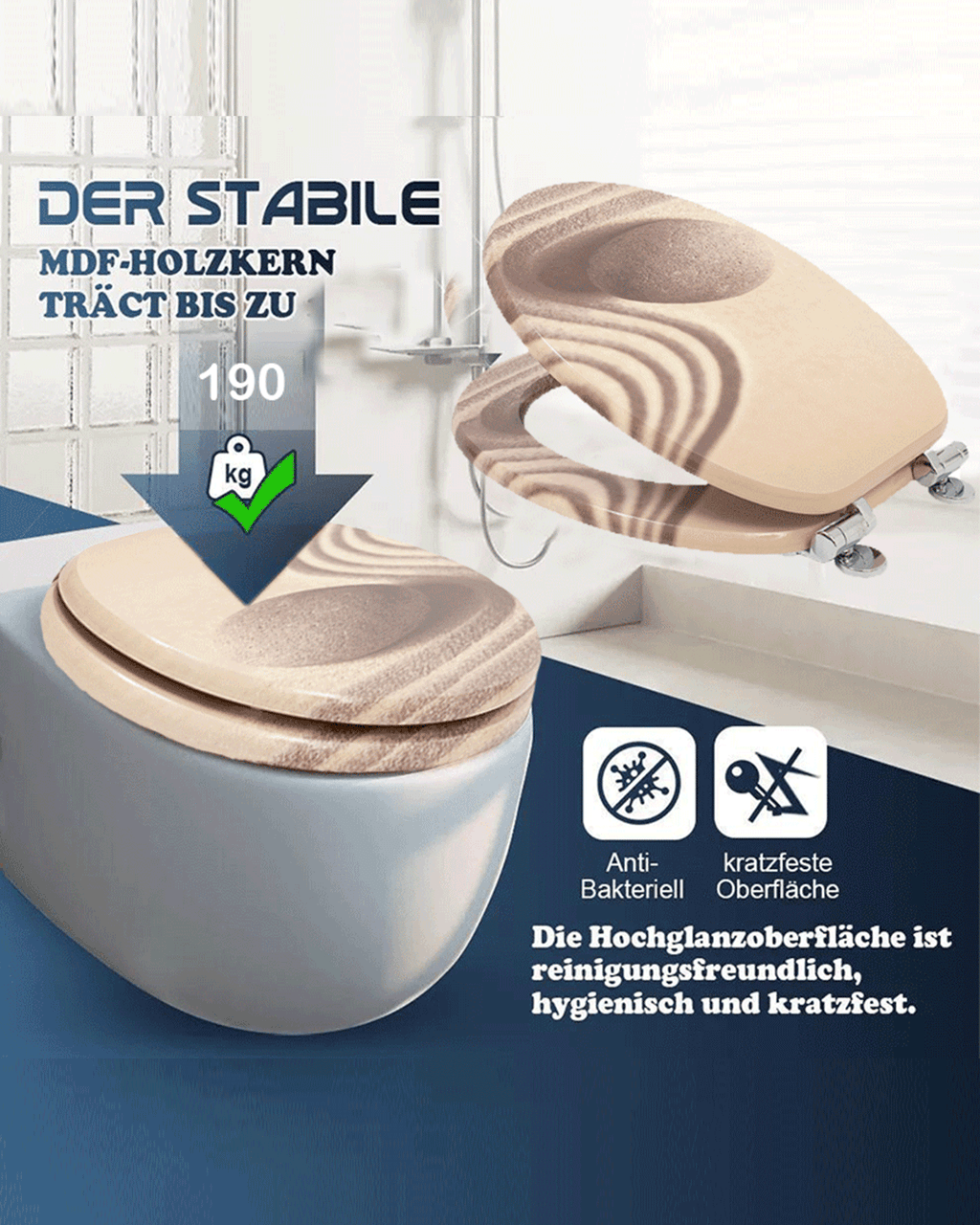 SINOBATH (H095)MDF-Holzkern, WC-Sitz Toilettensitz mit Absenkautomatik, Softclose-Scharnier（Kopfsteinpflaster）