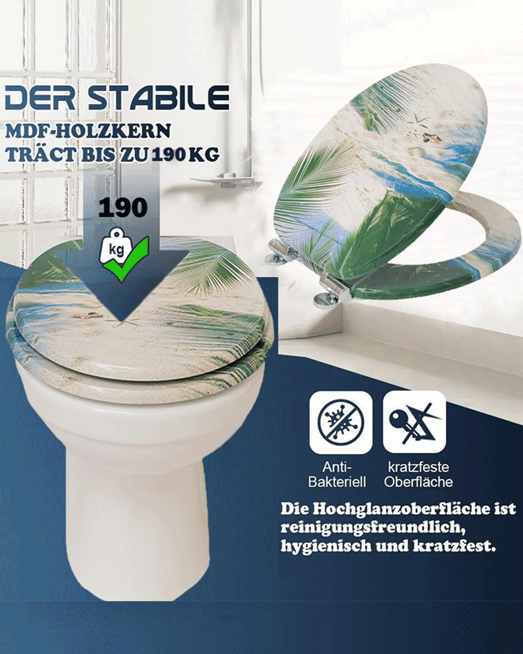 SINOBATH (H120) WC-Sitz Toilettensitz mit Absenkautomatik, MDF-Holzkern(Strand, Muscheln)
