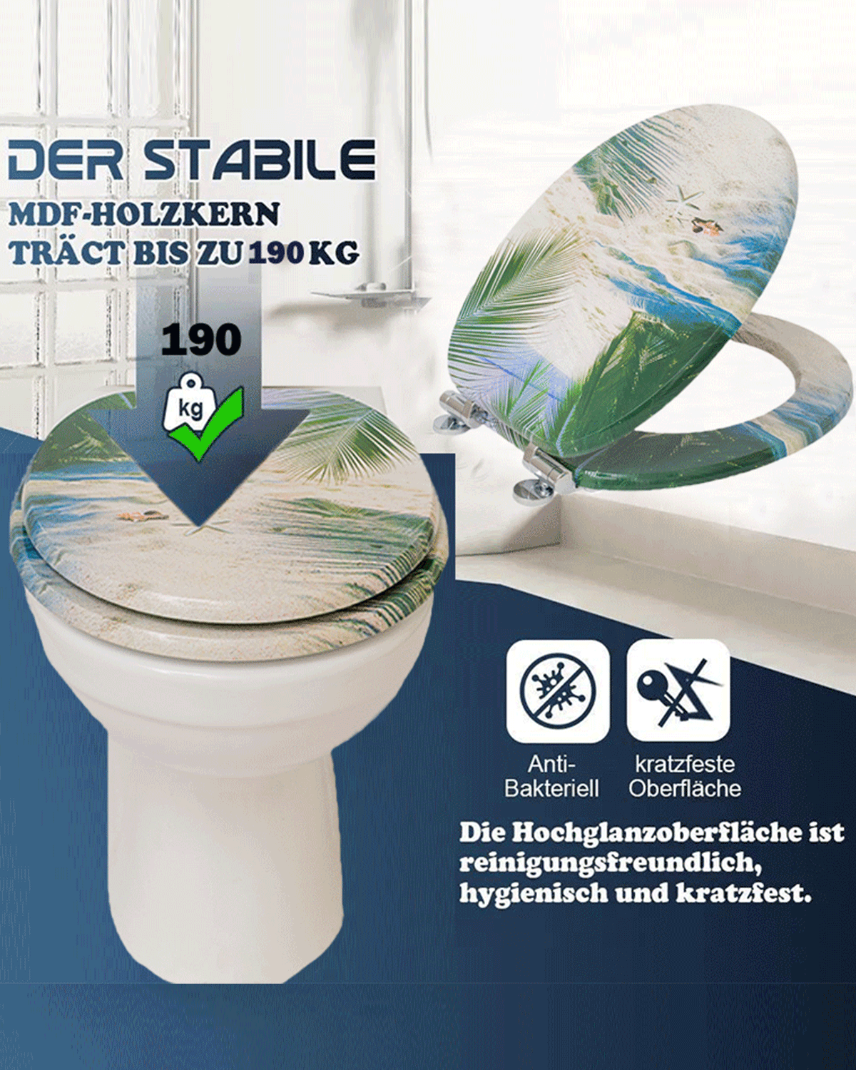 SINOBATH (H120) WC-Sitz Toilettensitz mit Absenkautomatik, MDF-Holzkern(Strand, Muscheln)