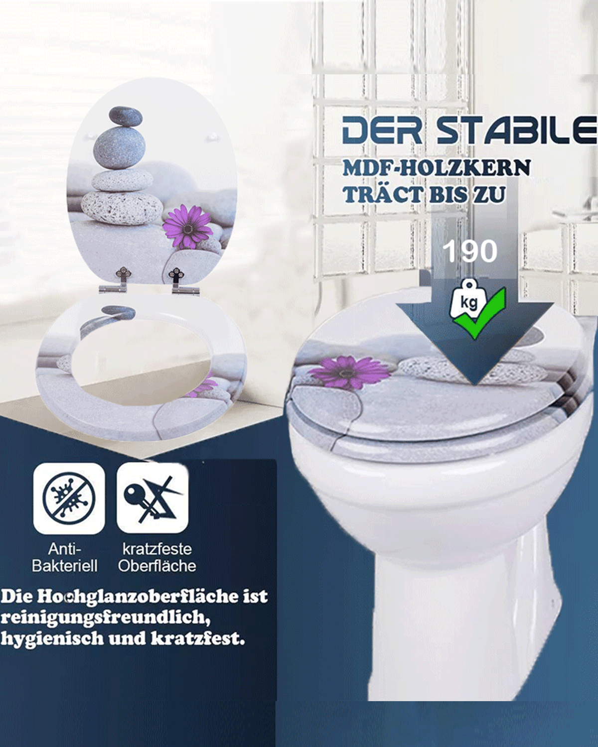 SINOBATH (H132)  Hochwertige Und Stabile Antibakterieller Toiletten, WC-Sitz Mit Absenkautomatik(Kieselstein, lila Blume)