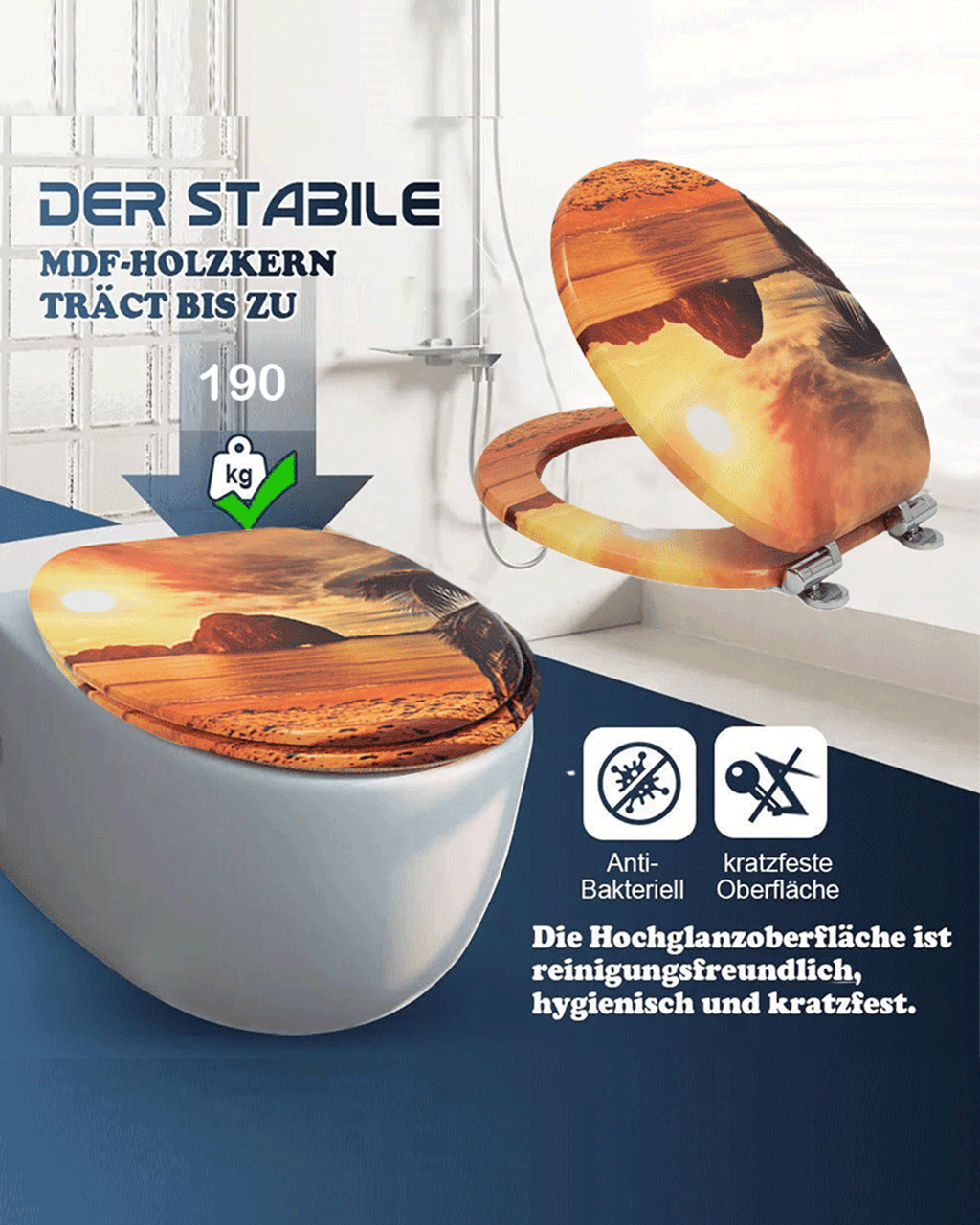 SINOBATH (H136)MDF-Holzkern, WC-Sitz Toilettensitz mit Absenkautomatik, Softclose-Scharnier（Sonnenuntergang）