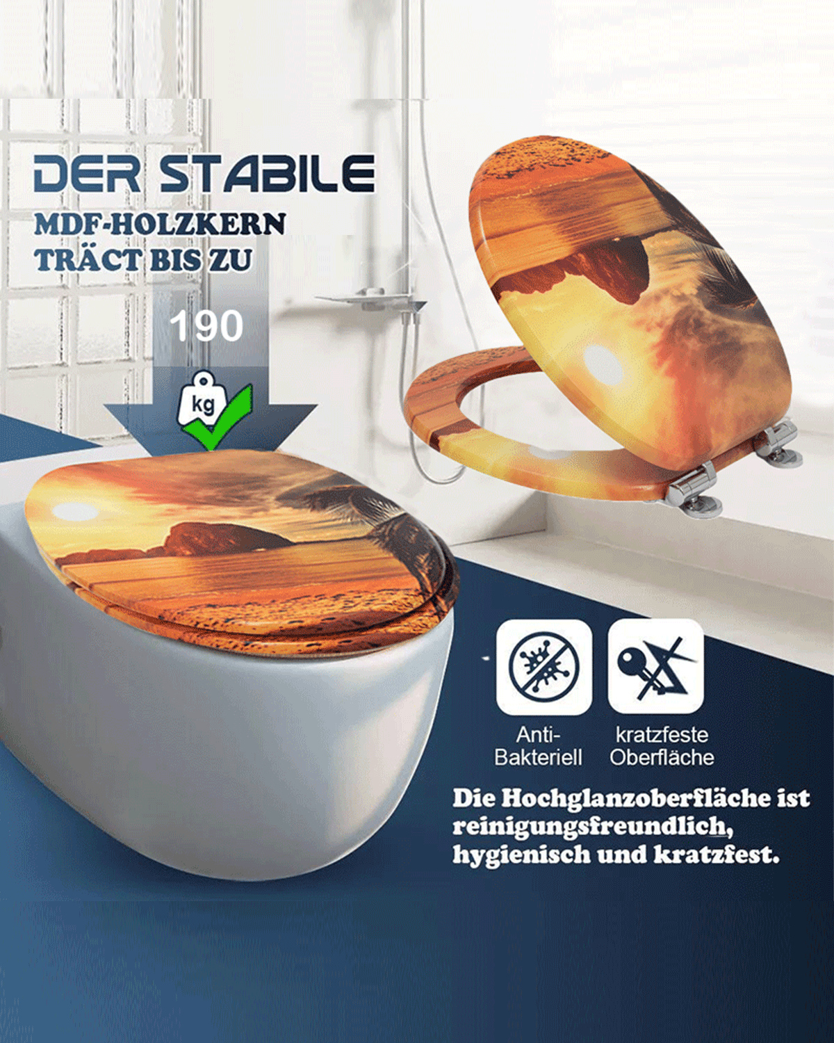 SINOBATH (H136)MDF-Holzkern, WC-Sitz Toilettensitz mit Absenkautomatik, Softclose-Scharnier（Sonnenuntergang）