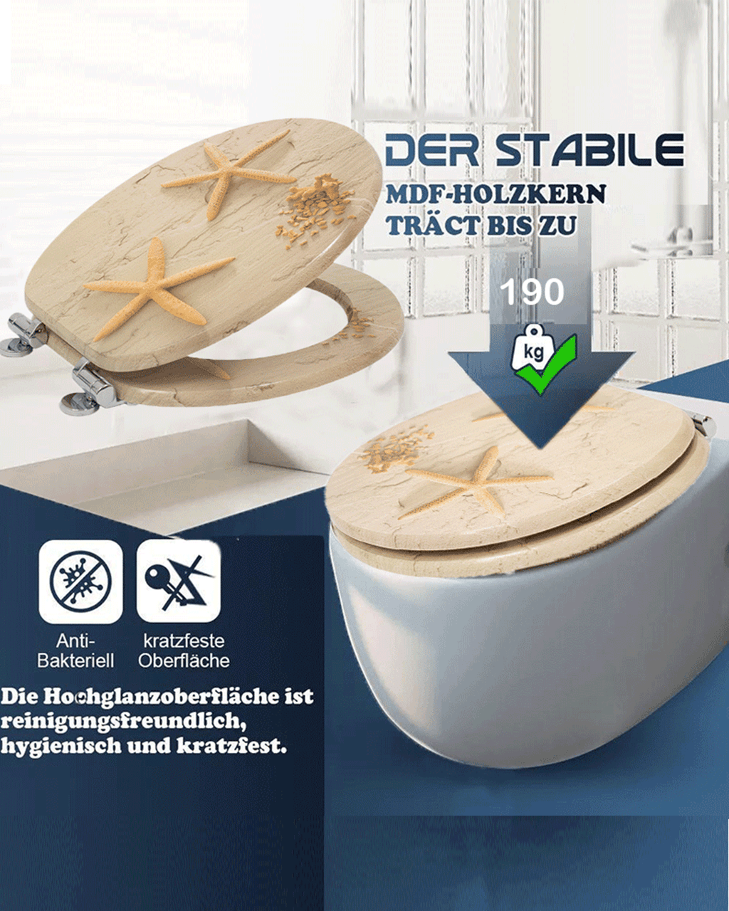 SINOBATH (H138)  Softclose-Scharnier,WC-Sitz Toilettensitz MDF-Holzkern,mit Absenkautomatik（Seestern）