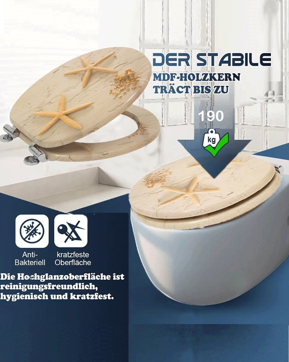 SINOBATH (H138)  Softclose-Scharnier,WC-Sitz Toilettensitz MDF-Holzkern,mit Absenkautomatik（Seestern）