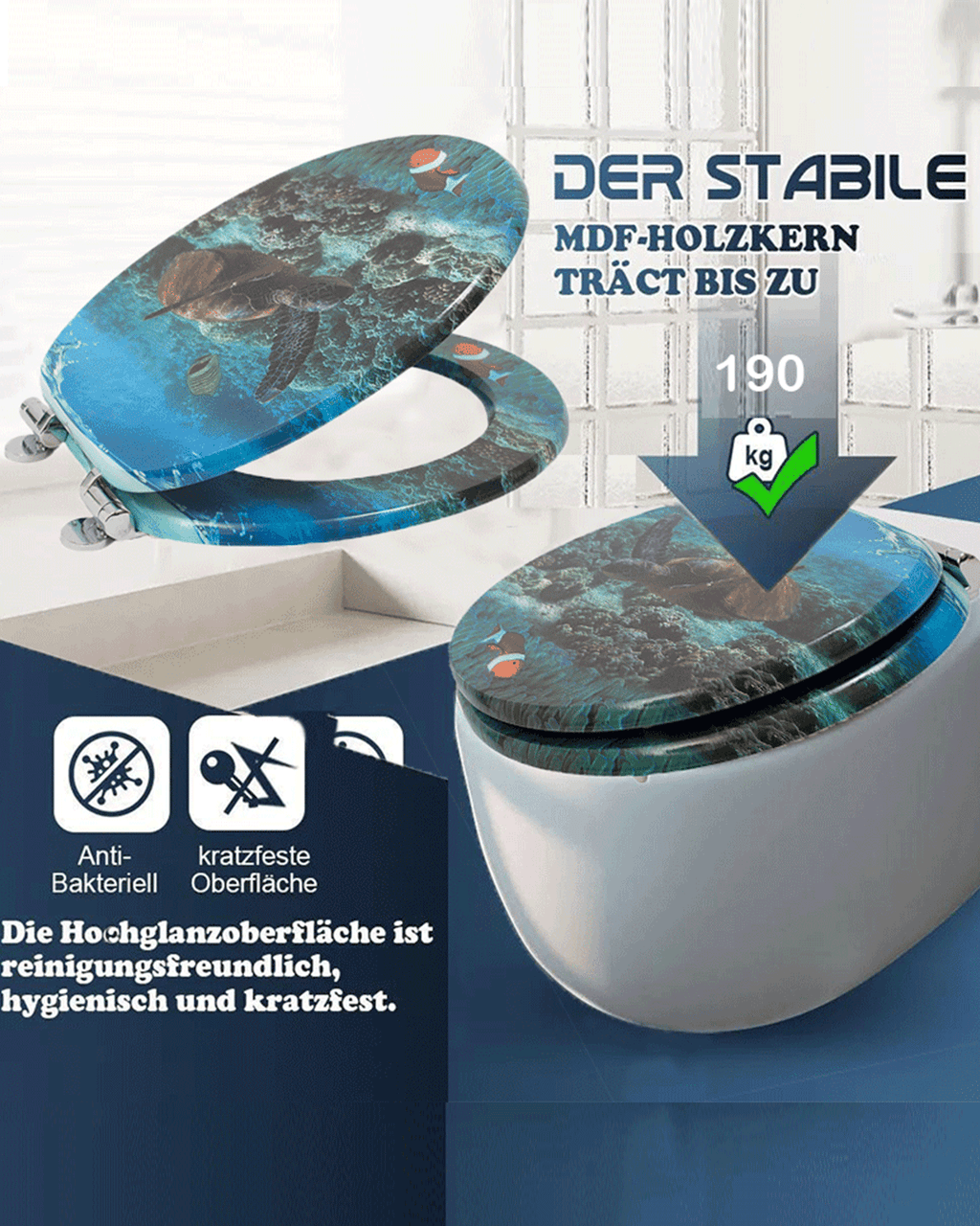 SINOBATH (H140) WC-Sitz Toilettensitz mit Absenkautomatik, MDF-Holzkern, Softclose-Scharnier(Meeresschildkröte)