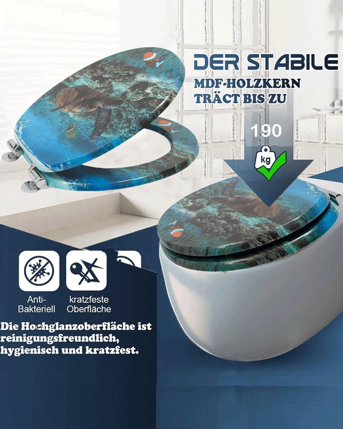 SINOBATH (H140) WC-Sitz Toilettensitz mit Absenkautomatik, MDF-Holzkern, Softclose-Scharnier(Meeresschildkröte)