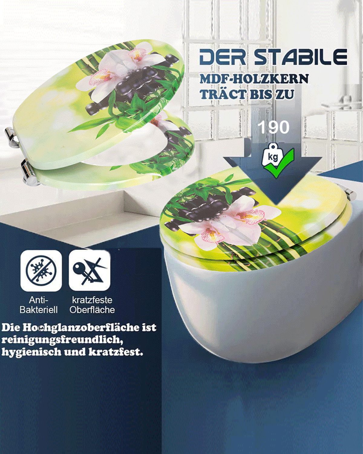 SINOBATH (H141)MDF-Holzkern, WC-Sitz Toilettensitz mit Absenkautomatik, Softclose-Scharnier（Orchidee）