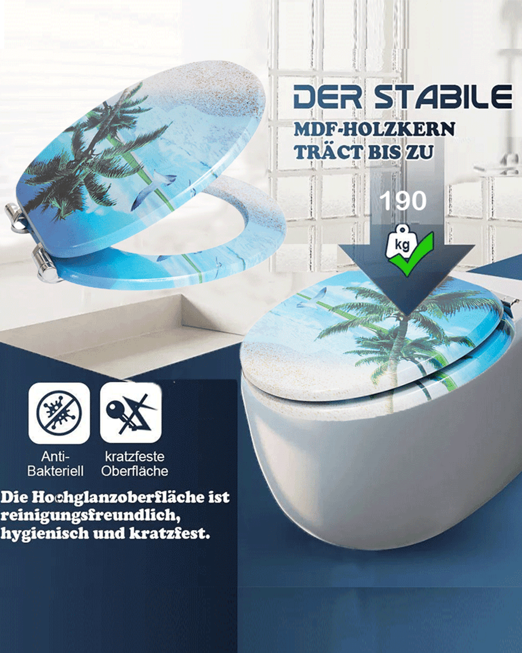 SINOBATH (H142) mit Absenkautomatik, MDF-Holzkern WC-Sitz Toilettensitz （Die Landschaft am Strand）