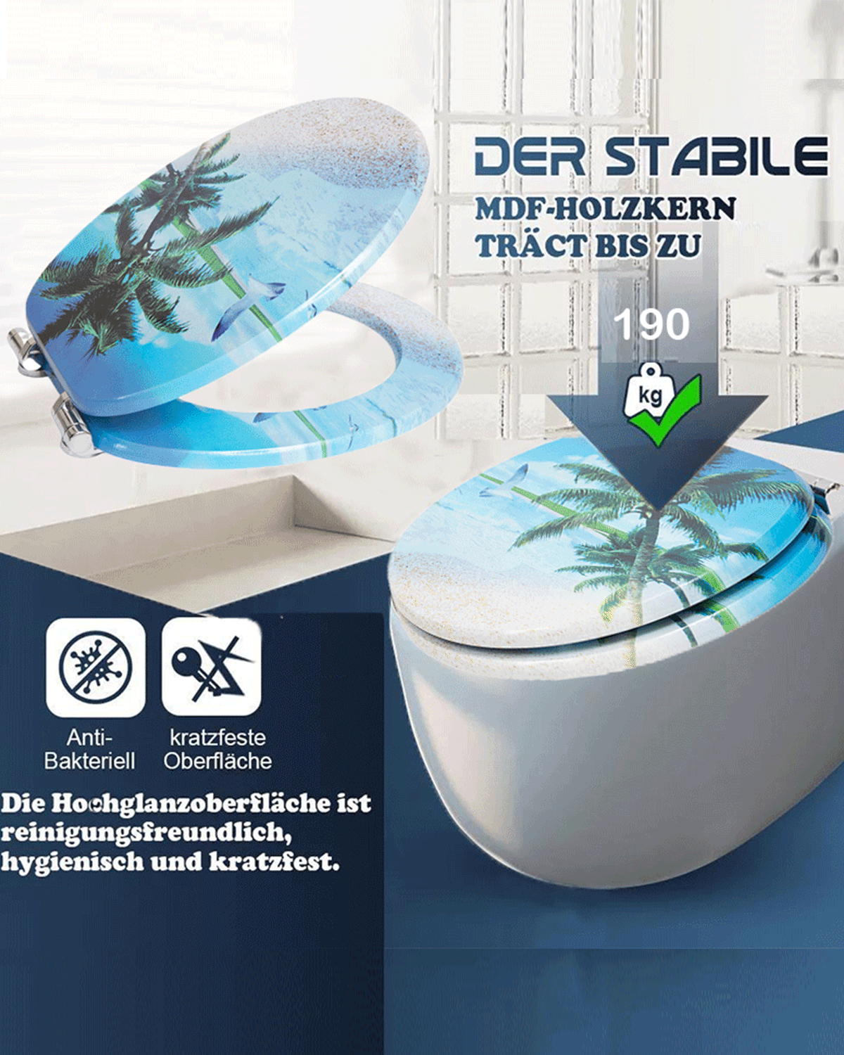 SINOBATH (H142) mit Absenkautomatik, MDF-Holzkern WC-Sitz Toilettensitz （Die Landschaft am Strand）