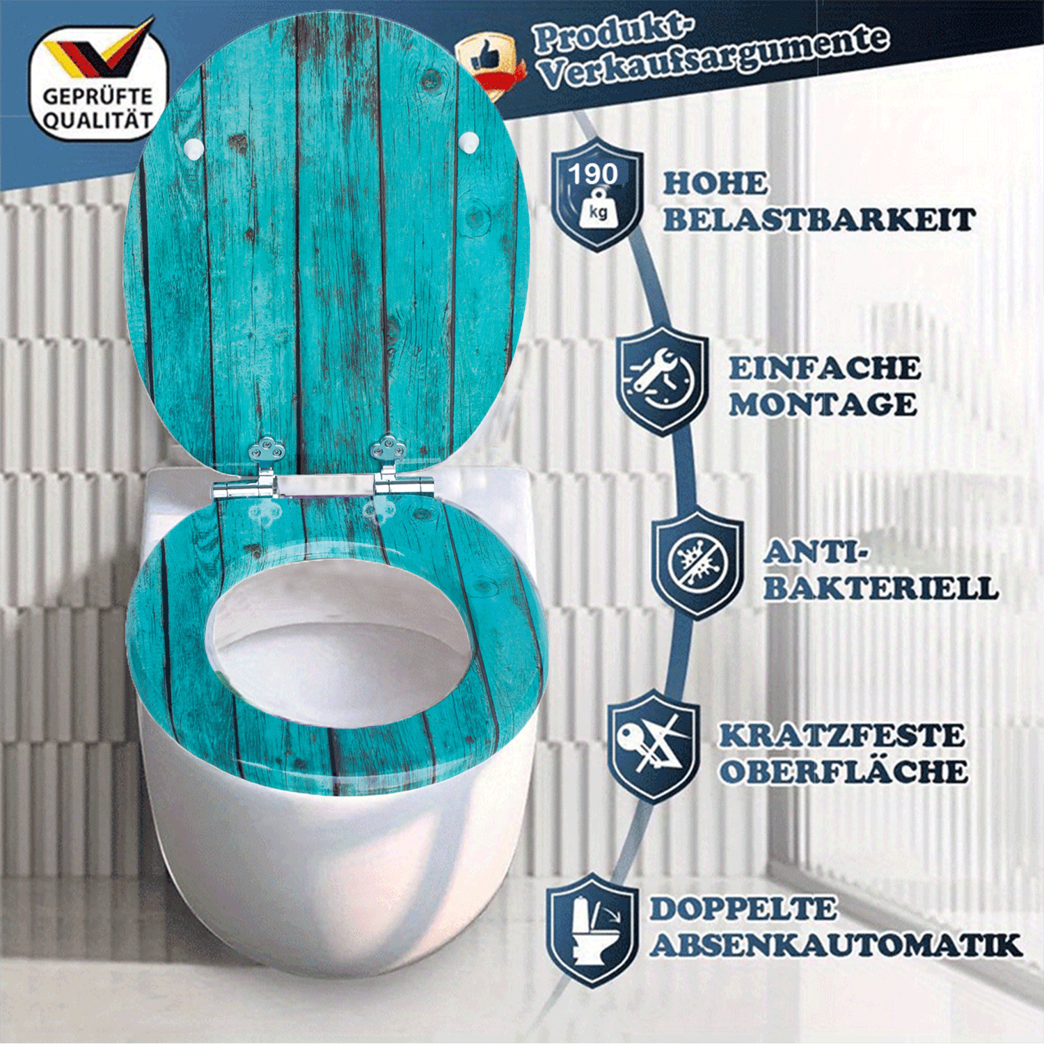 SINOBATH MDF-Holzkern, WC-Sitz Toilettensitz mit Absenkautomatik, Softclose-Scharnier(H144C)