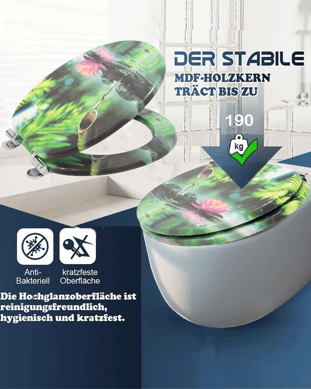 SINOBATH (H155) MDF-Holzkern, WC-Sitz Toilettensitz mit Absenkautomatik, Softclose-Scharnier（Lotusteich）