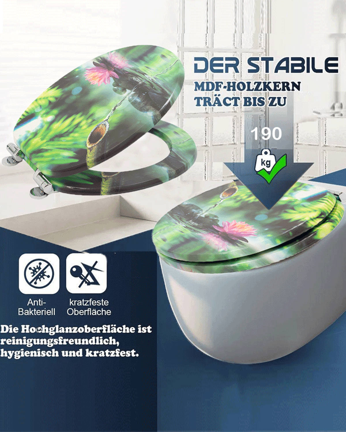 SINOBATH (H155) MDF-Holzkern, WC-Sitz Toilettensitz mit Absenkautomatik, Softclose-Scharnier（Lotusteich）