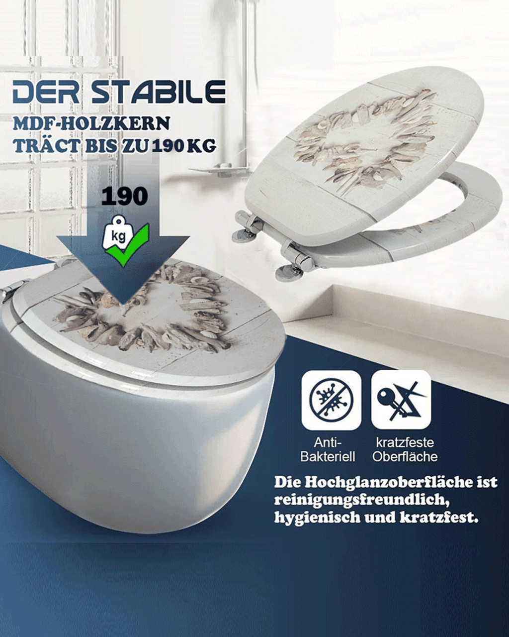 SINOBATH (H163)MDF-Holzkern, WC-Sitz Toilettensitz mit Absenkautomatik, Softclose-Scharnier（Herz）