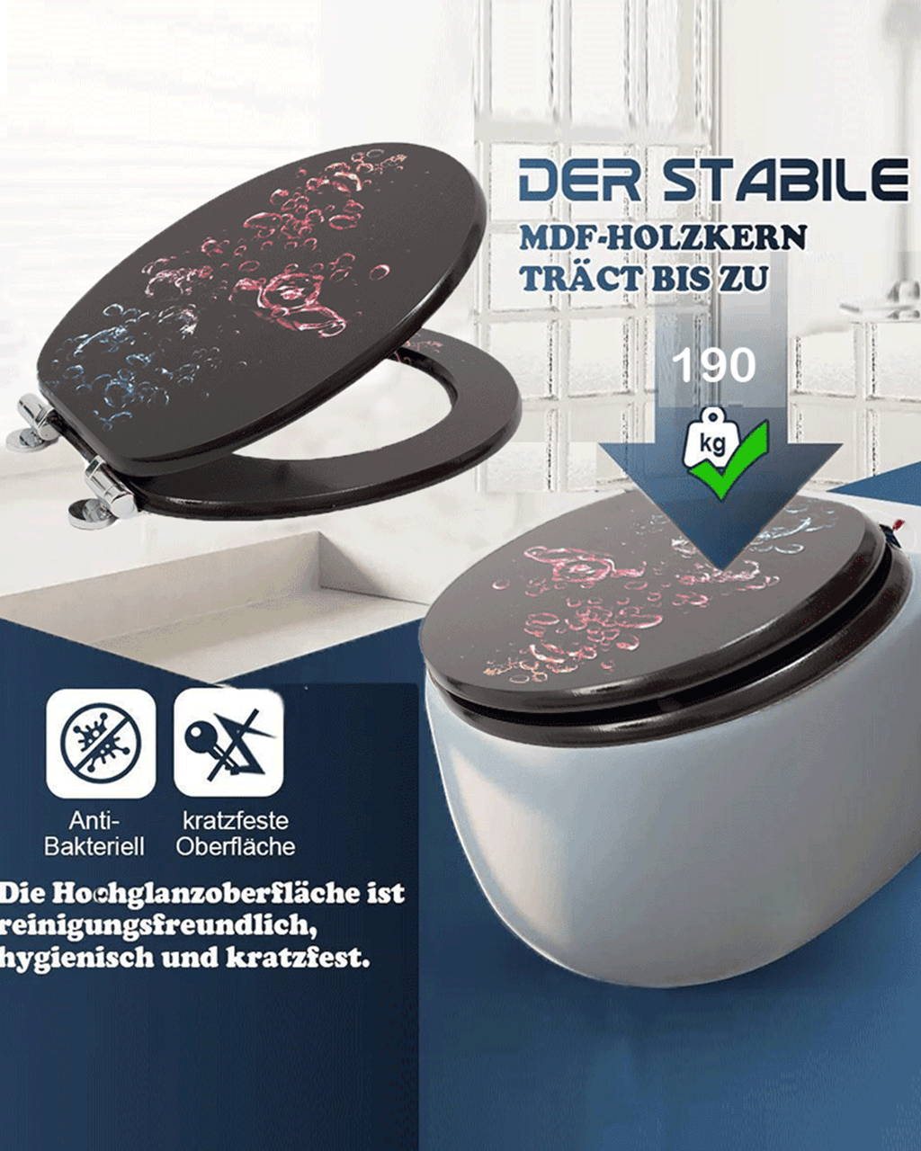 SINOBATH (H170)  mit Absenkautomatik, MDF-Holzkern, Softclose-Scharnier Toilettensitz（Bunte Wassertropfen）