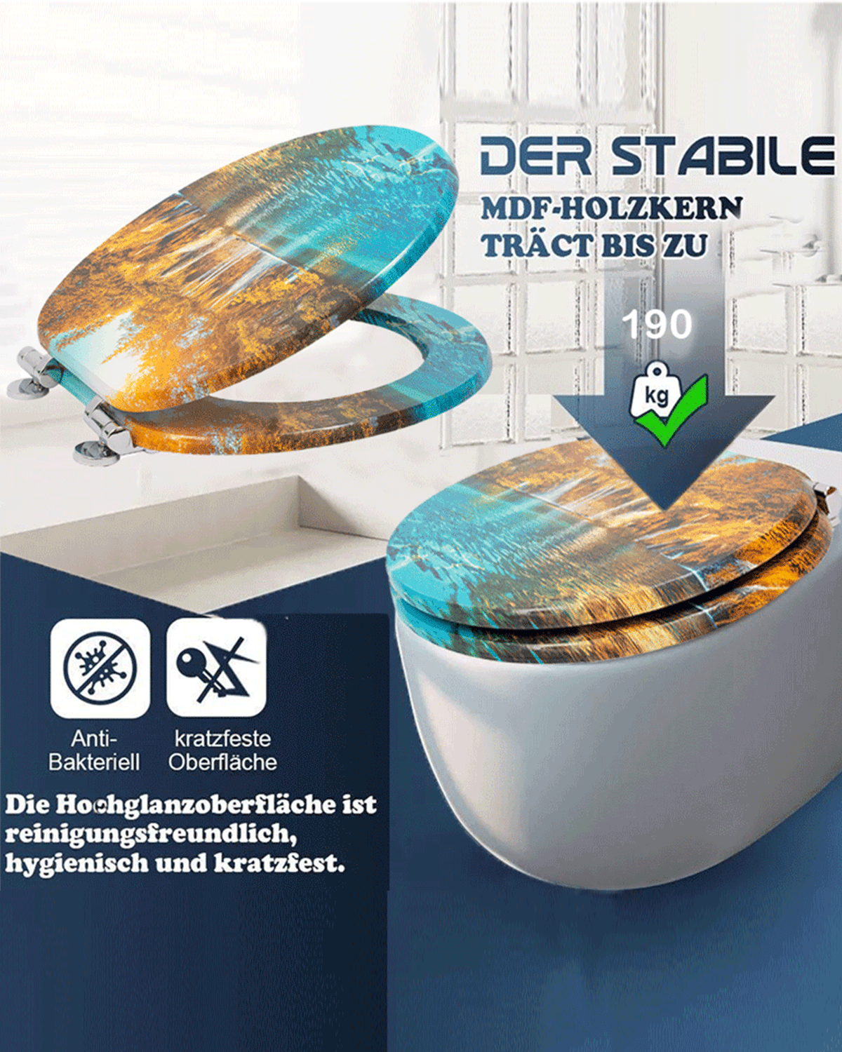 SINOBATH (H175)MDF-Holzkern, WC-Sitz Toilettensitz mit Absenkautomatik, Softclose-Scharnier（Landschaft）