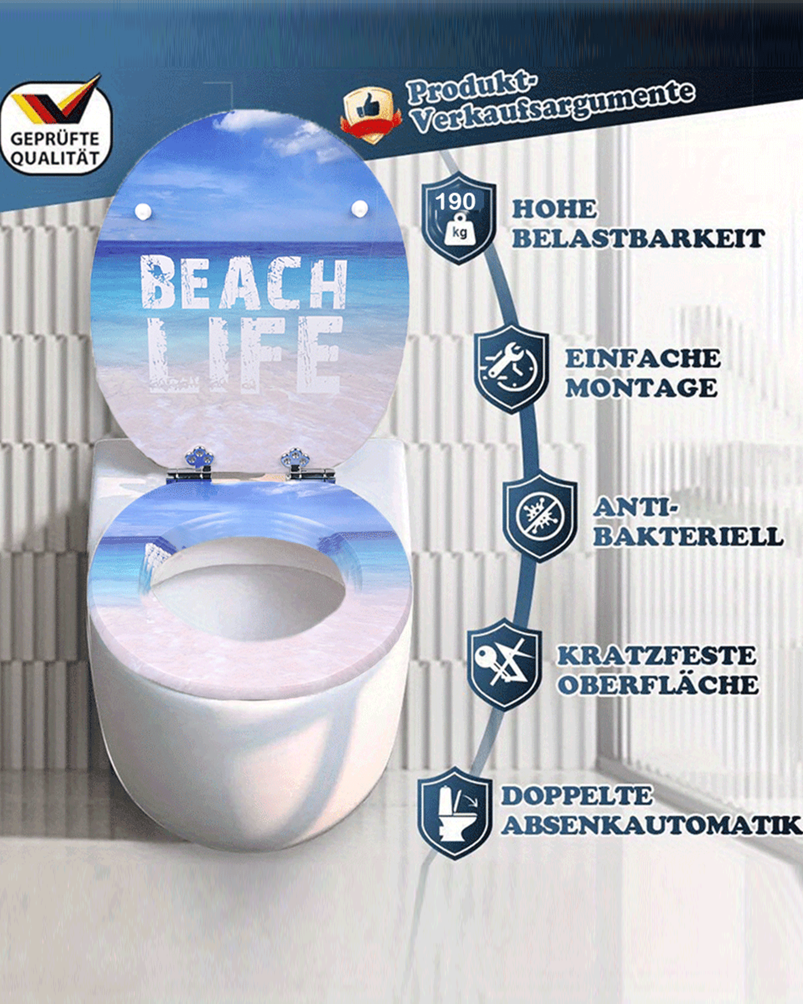 SINOBATH (H344) mit Absenkautomatik, Softclose-Scharnier,MDF-Holzkern, WC-Sitz Toilettensitz （Strandleben）