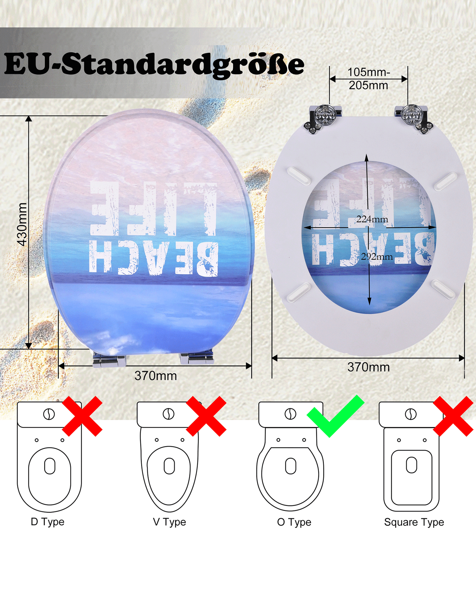 SINOBATH (H344) mit Absenkautomatik, Softclose-Scharnier,MDF-Holzkern, WC-Sitz Toilettensitz （Strandleben）