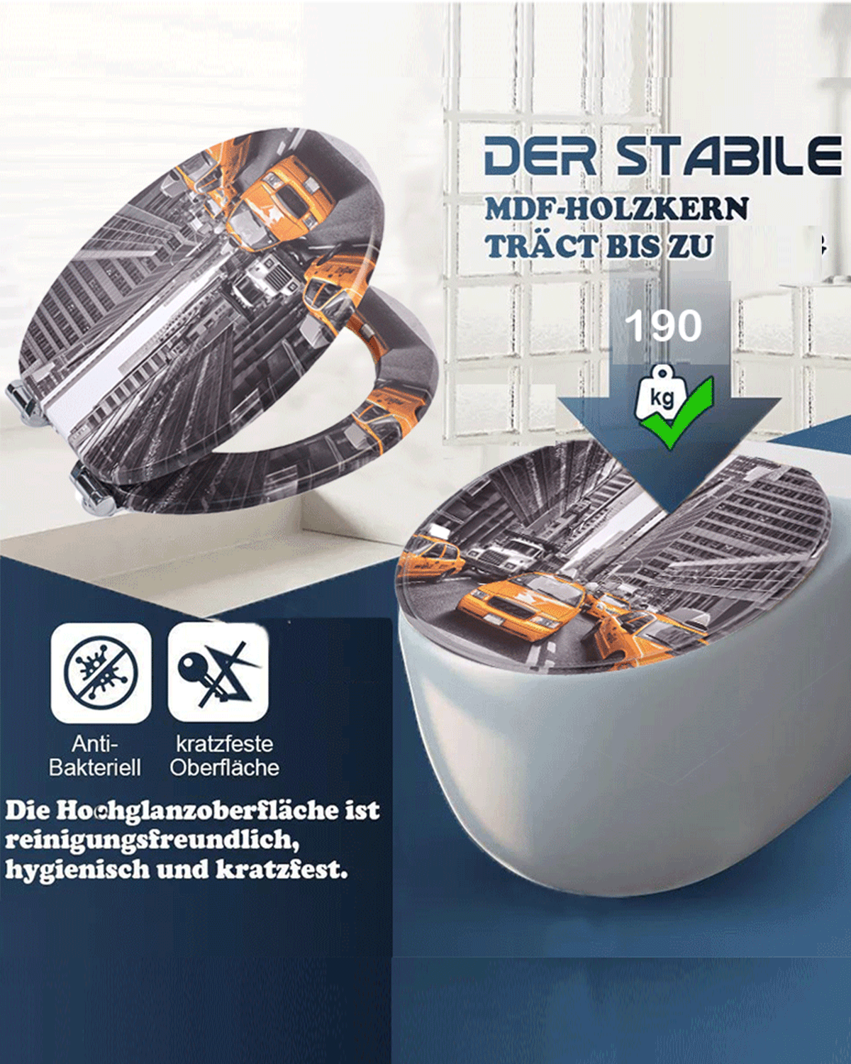 SINOBATH (H346) mit Absenkautomatik, Softclose-Scharnier,MDF-Holzkern, WC-Sitz Toilettensitz （Straße）