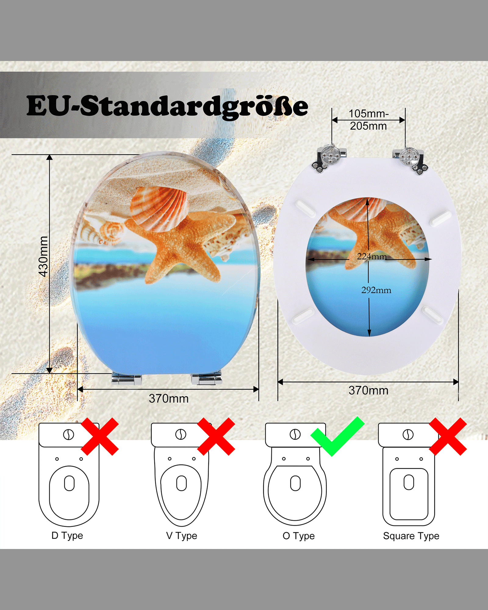 SINOBATH (H352)MDF-Holzkern, WC-Sitz Toilettensitz mit Absenkautomatik, Softclose-Scharnier（Seestern）