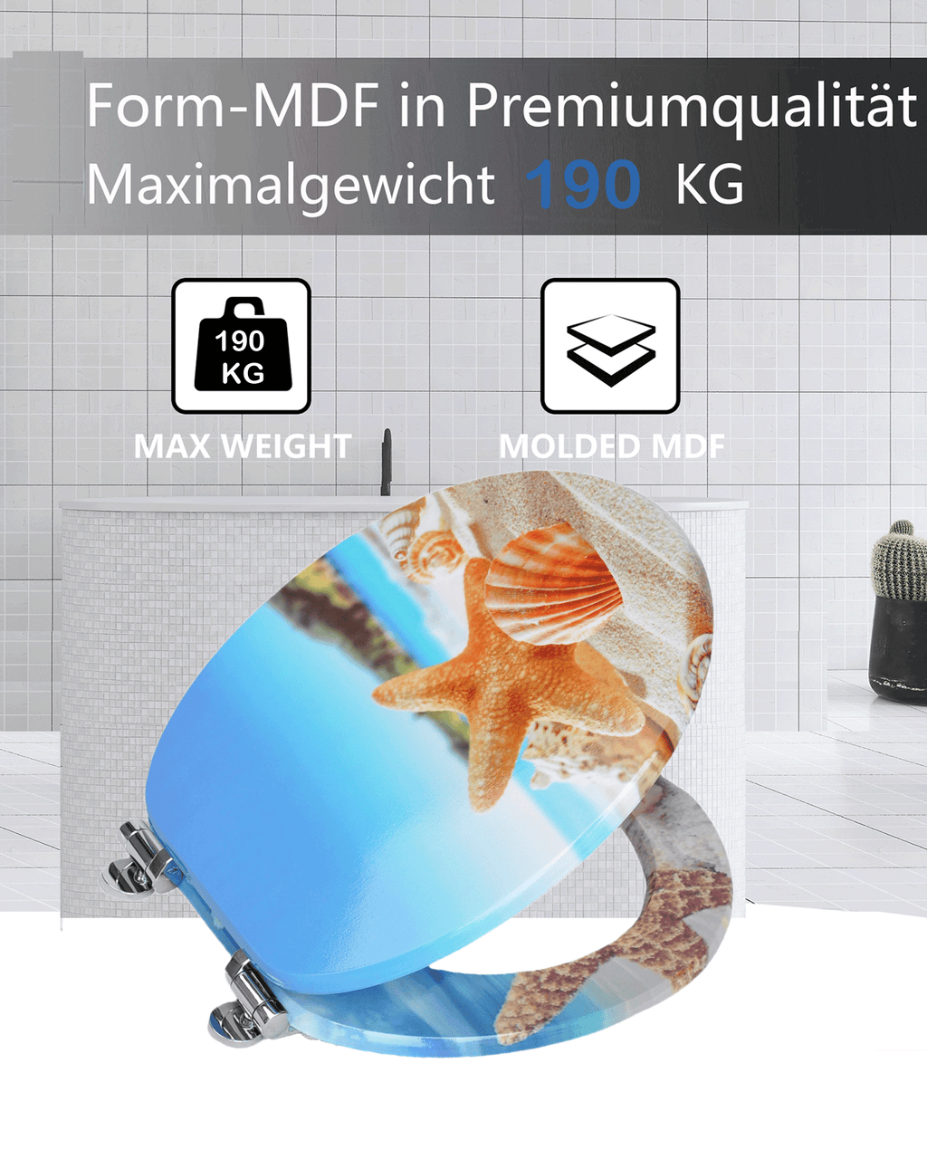 SINOBATH (H352)MDF-Holzkern, WC-Sitz Toilettensitz mit Absenkautomatik, Softclose-Scharnier（Seestern）