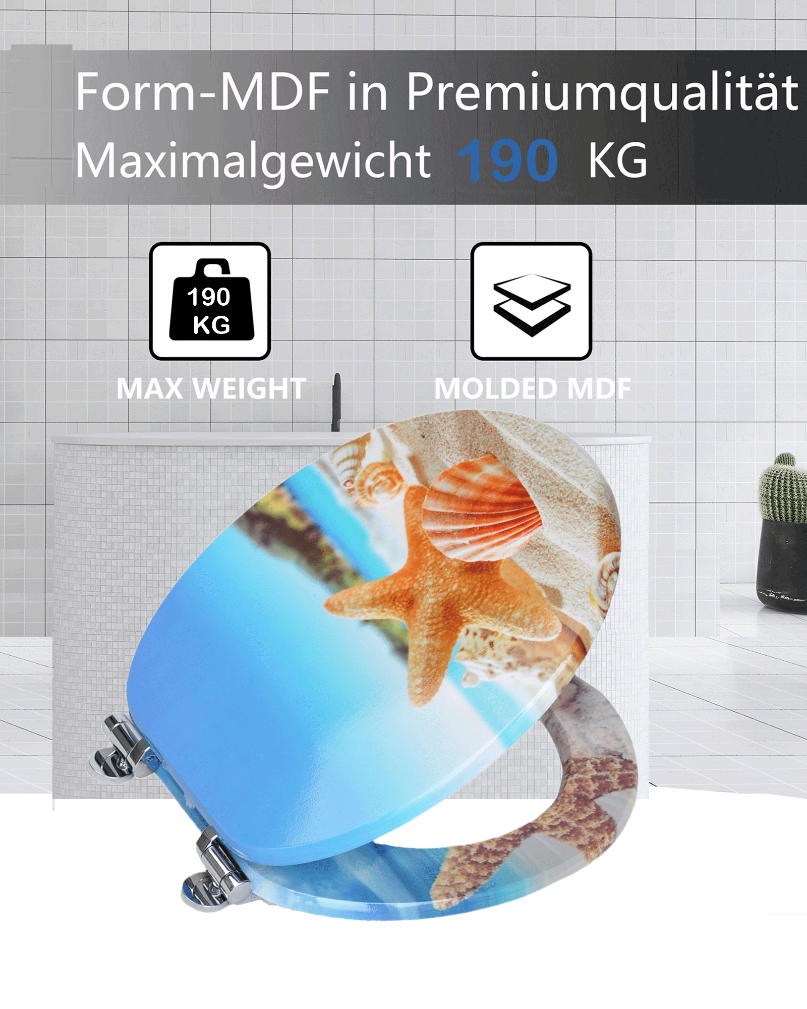 SINOBATH (H352)MDF-Holzkern, WC-Sitz Toilettensitz mit Absenkautomatik, Softclose-Scharnier（Seestern）