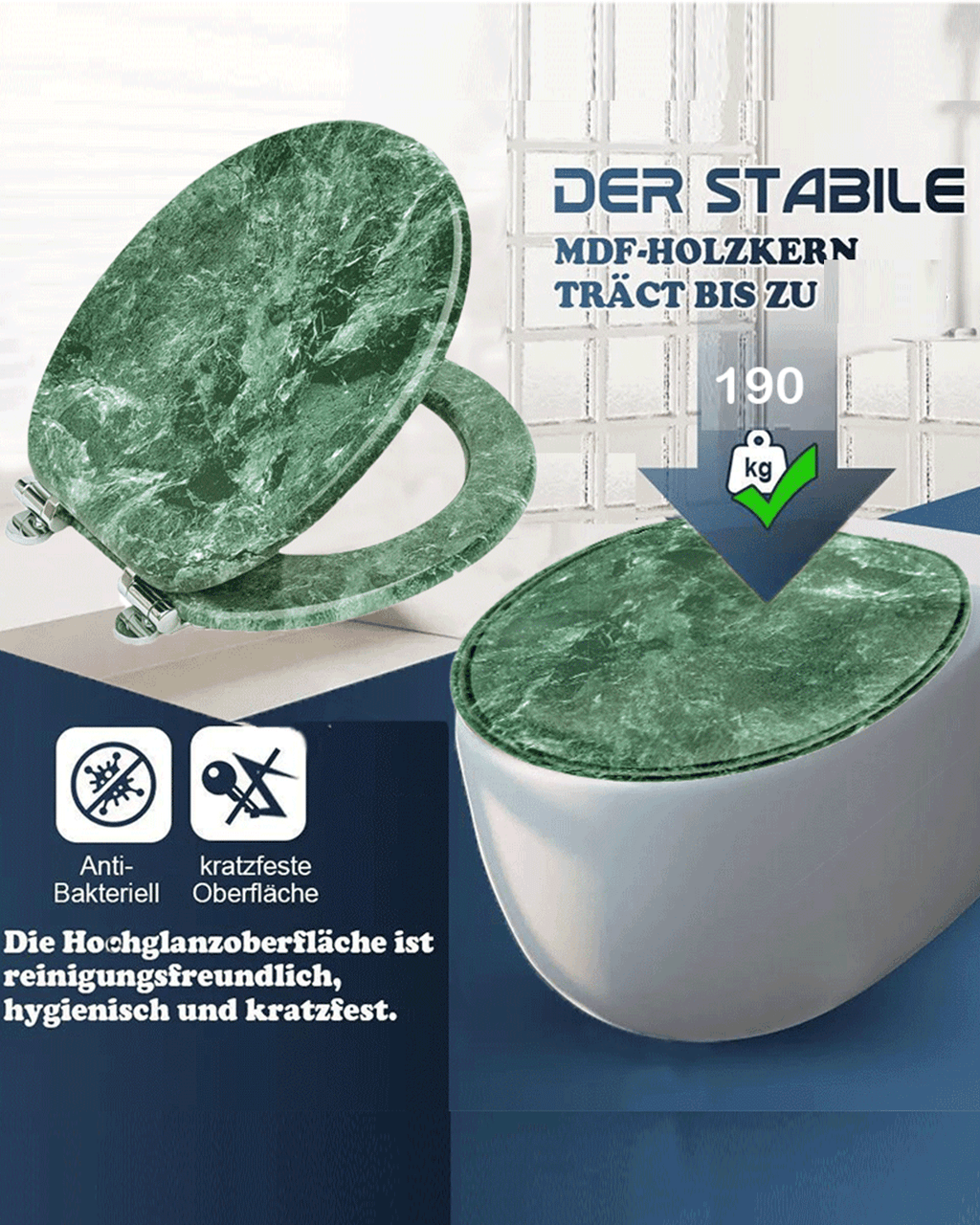 SINOBATH (S07) mit Absenkautomatik, Softclose-Scharnier,MDF-Holzkern, WC-Sitz Toilettensitz （grüner Marmor）