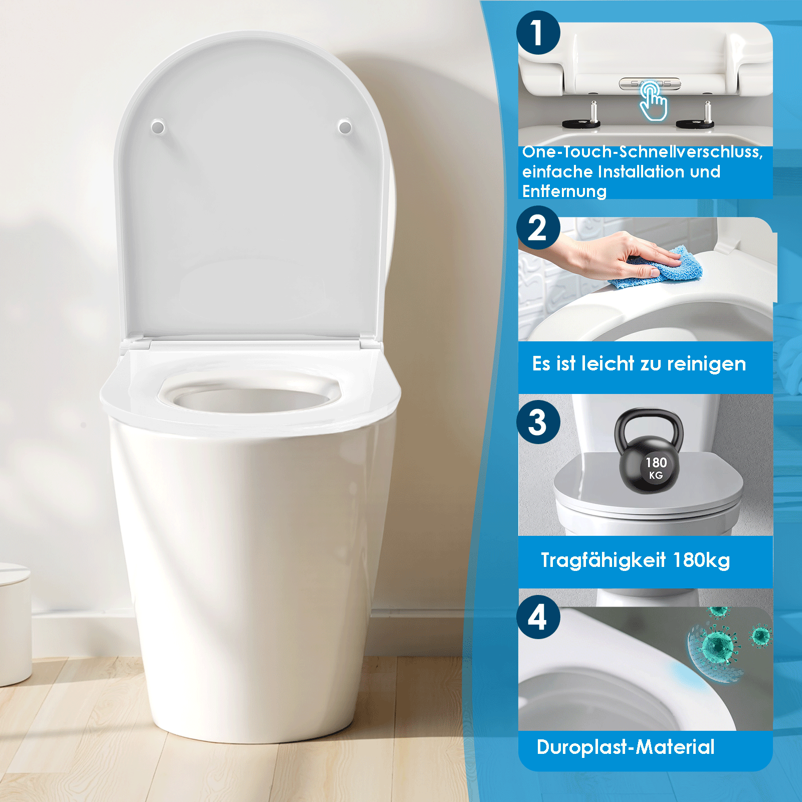 SAINOS O-förmiger Premium-Duroplast Toilettensitz Toilettendeckel, WC Sitz mit Absenkautomatik, Quick-Release Funktion für einfach Reinigung, O Form Weiß Toilettensitz mit Verstellbaren Scharnieren（SU046-W)