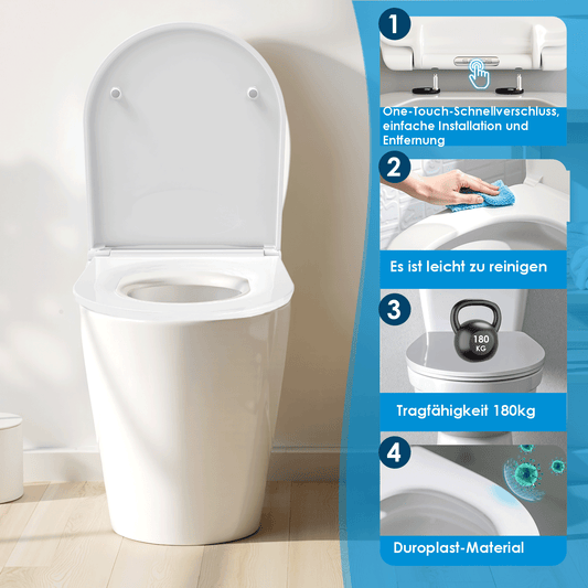 SAINOS O-förmiger Premium-Duroplast Toilettensitz Toilettendeckel, WC Sitz mit Absenkautomatik, Quick-Release Funktion für einfach Reinigung, O Form Weiß Toilettensitz mit Verstellbaren Scharnieren（SU046-W)