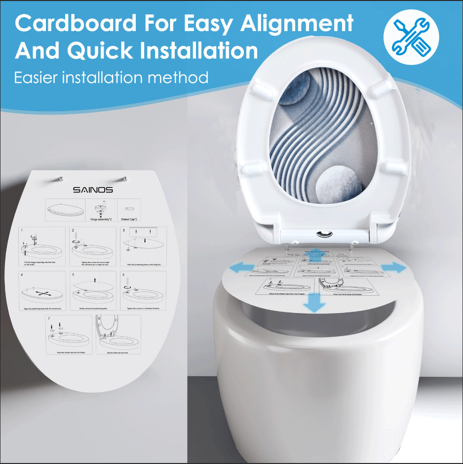 SAINOS O-förmiger Premium-Duroplast Toilettensitz Toilettendeckel, WC Sitz mit Absenkautomatik, Quick-Release Funktion für einfach Reinigung, O Form Weiß Toilettensitz mit Verstellbaren Scharnieren(UF12-01)
