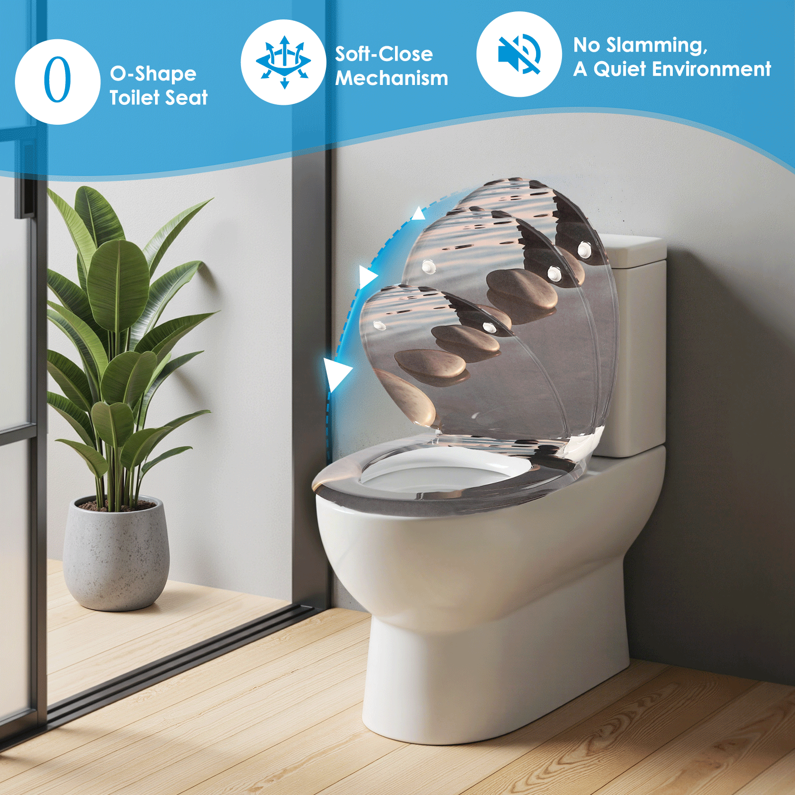 SAINOS O-förmiger Premium-Duroplast Toilettensitz Toilettendeckel, WC Sitz mit Absenkautomatik, Quick-Release Funktion für einfach Reinigung, O Form Weiß Toilettensitz mit Verstellbaren Scharnieren(UF12-054)