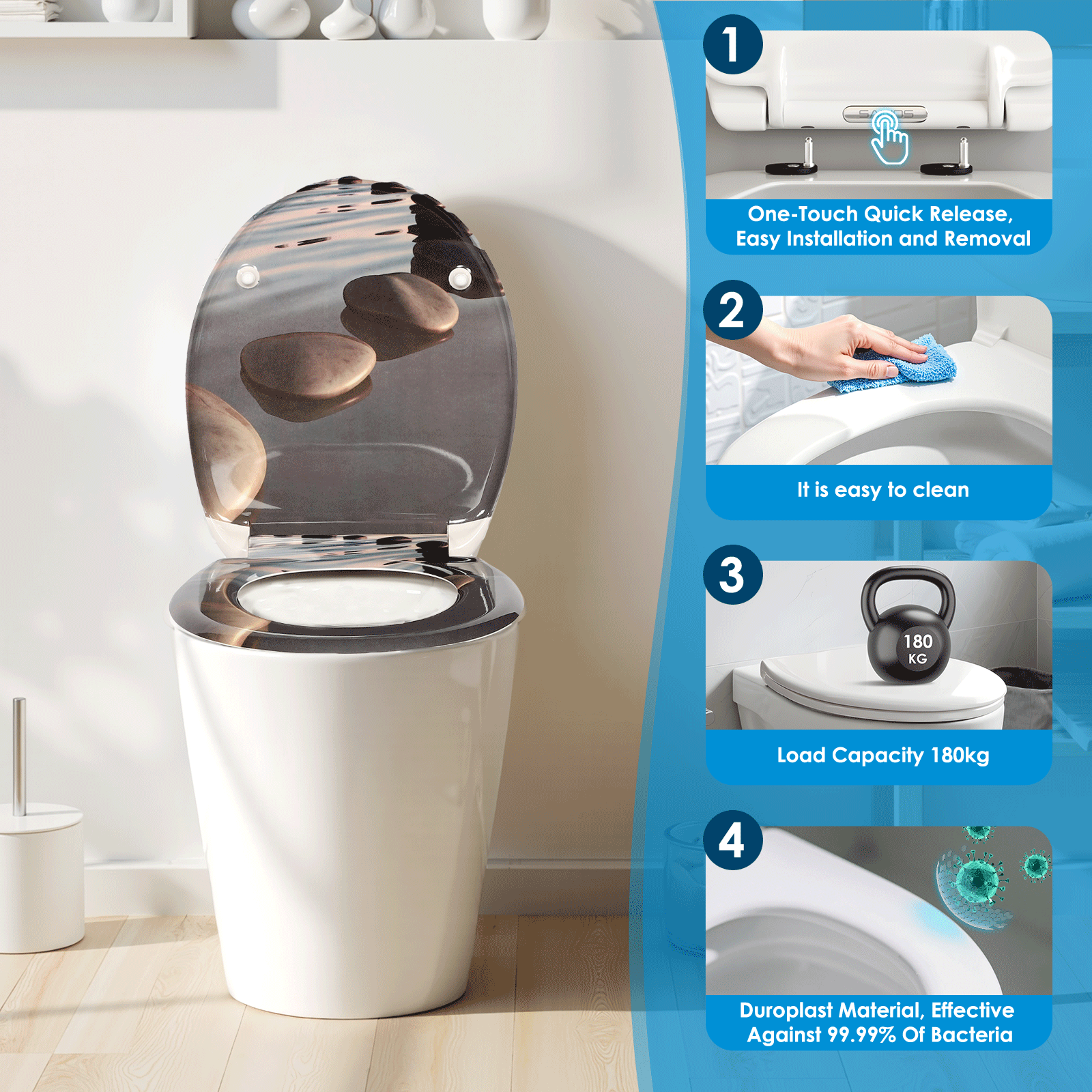 SAINOS O-förmiger Premium-Duroplast Toilettensitz Toilettendeckel, WC Sitz mit Absenkautomatik, Quick-Release Funktion für einfach Reinigung, O Form Weiß Toilettensitz mit Verstellbaren Scharnieren(UF12-054)