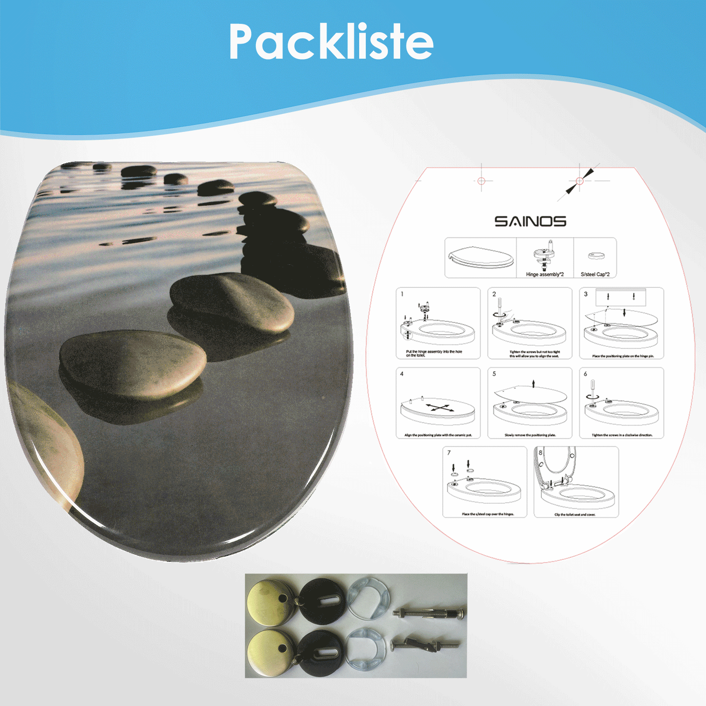 SAINOS O-förmiger Premium-Duroplast Toilettensitz Toilettendeckel, WC Sitz mit Absenkautomatik, Quick-Release Funktion für einfach Reinigung, O Form Weiß Toilettensitz mit Verstellbaren Scharnieren(UF12-054)