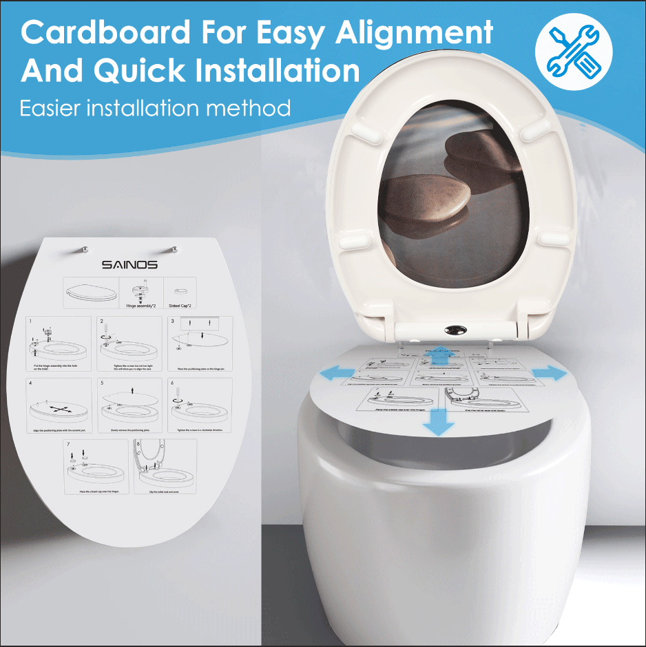 SAINOS O-förmiger Premium-Duroplast Toilettensitz Toilettendeckel, WC Sitz mit Absenkautomatik, Quick-Release Funktion für einfach Reinigung, O Form Weiß Toilettensitz mit Verstellbaren Scharnieren(UF12-054)