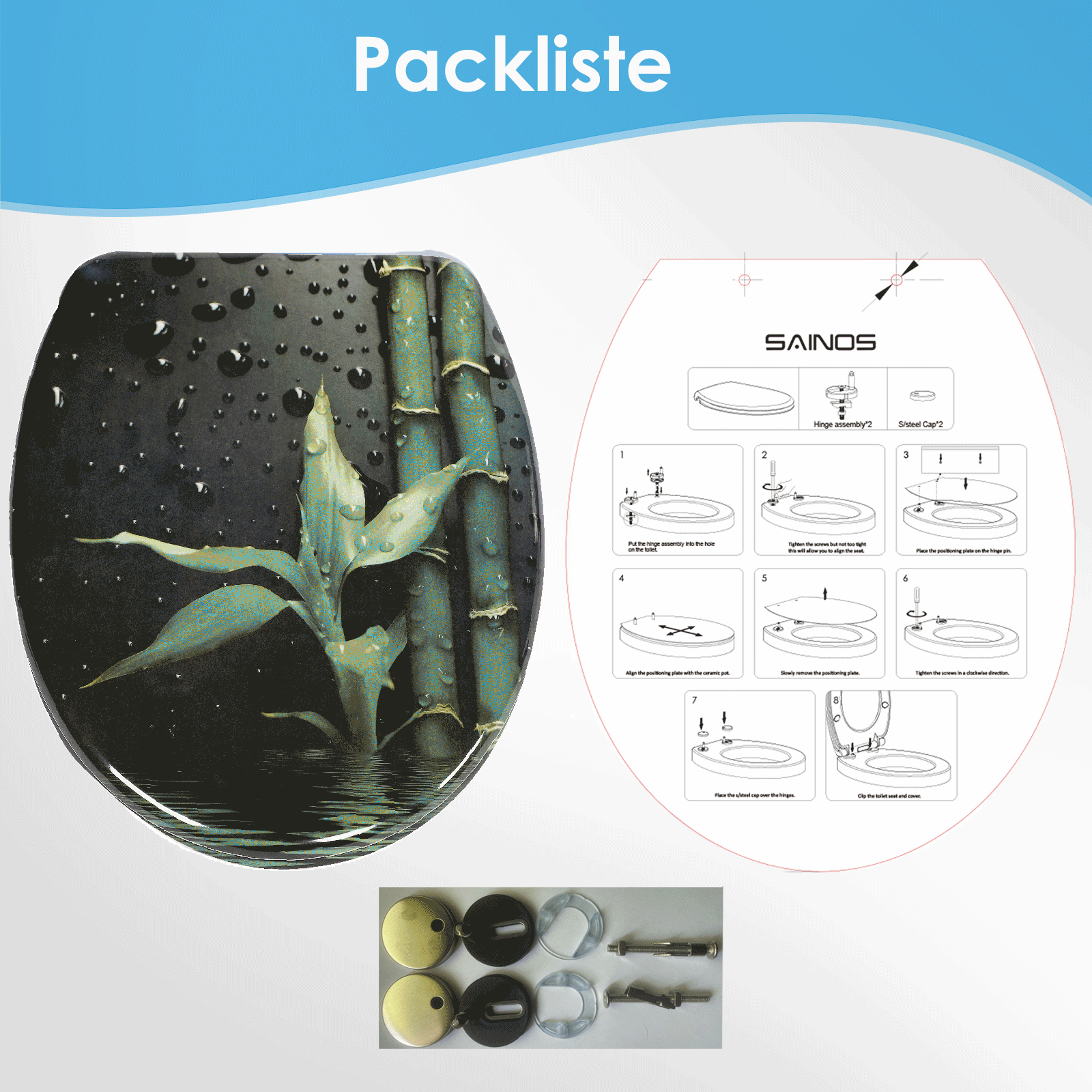 SAINOS O-förmiger Premium-Duroplast Toilettensitz Toilettendeckel, WC Sitz mit Absenkautomatik, Quick-Release Funktion für einfach Reinigung, O Form Weiß Toilettensitz mit Verstellbaren Scharnieren(UF12-187)