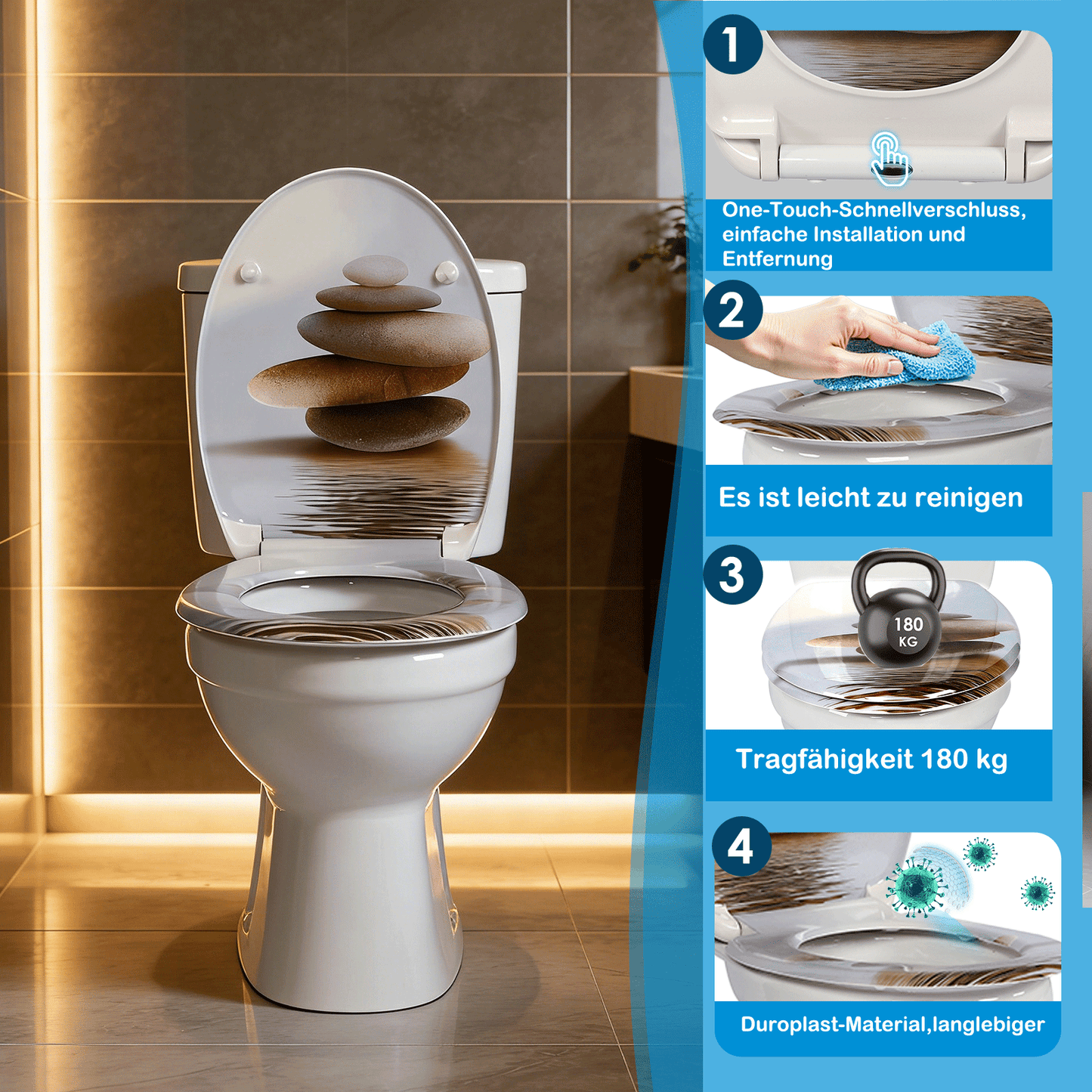 SINOBATH Duroplast WC-Sitz O-Form, Stein-Optik Absenkautomatik — UF12-193