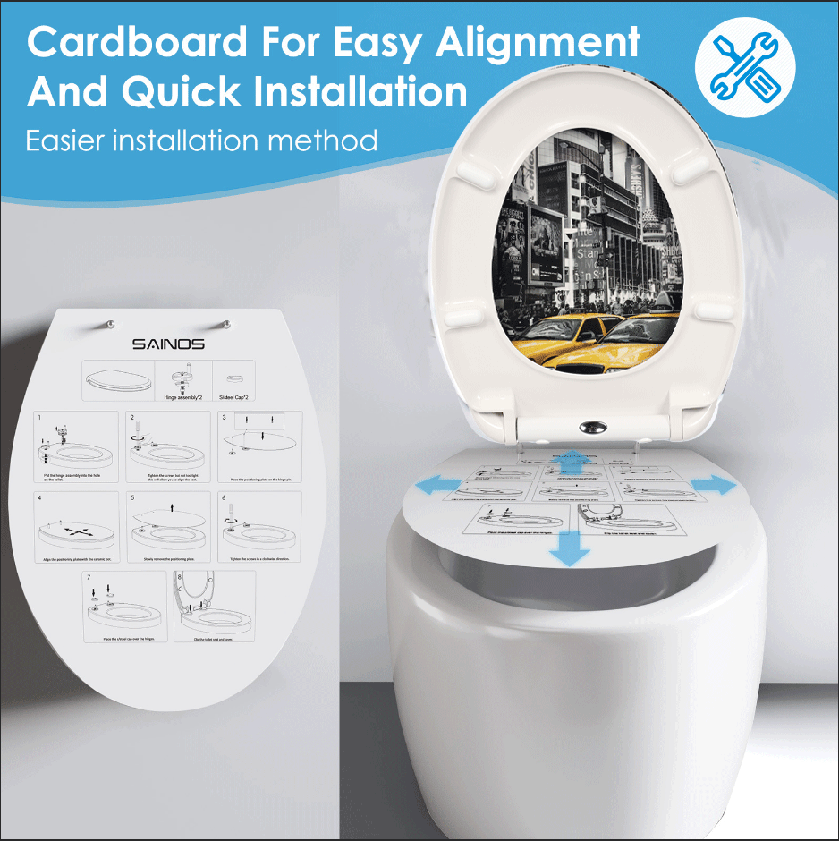SAINOS O-förmiger Premium-Duroplast Toilettensitz Toilettendeckel, WC Sitz mit Absenkautomatik, Quick-Release Funktion für einfach Reinigung, O Form Weiß Toilettensitz mit Verstellbaren Scharnieren(UF12-241)