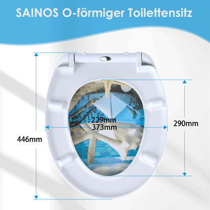 SAINOS O-förmiger Premium-Duroplast Toilettensitz Toilettendeckel, WC Sitz mit Absenkautomatik, Quick-Release Funktion für einfach Reinigung, O Form Weiß Toilettensitz mit Verstellbaren Scharnieren（UF12-368）