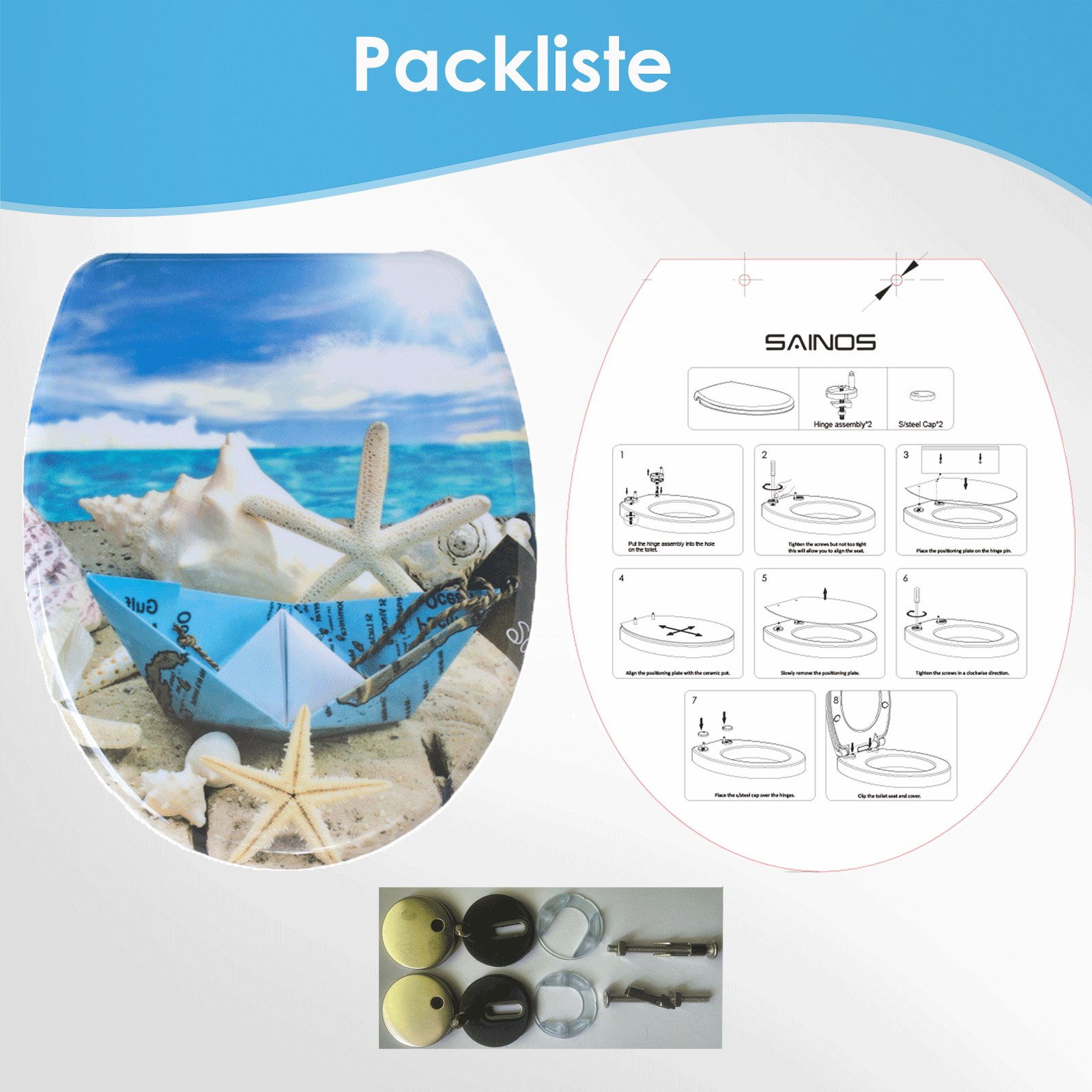 SAINOS O-förmiger Premium-Duroplast Toilettensitz Toilettendeckel, WC Sitz mit Absenkautomatik, Quick-Release Funktion für einfach Reinigung, O Form Weiß Toilettensitz mit Verstellbaren Scharnieren（UF12-368）