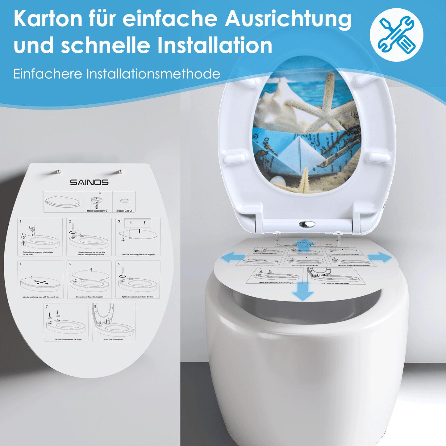SAINOS O-förmiger Premium-Duroplast Toilettensitz Toilettendeckel, WC Sitz mit Absenkautomatik, Quick-Release Funktion für einfach Reinigung, O Form Weiß Toilettensitz mit Verstellbaren Scharnieren（UF12-368）