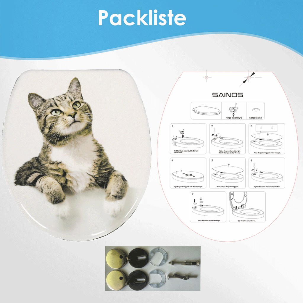 SAINOS O-förmiger Premium-Duroplast Toilettensitz Toilettendeckel, WC Sitz mit Absenkautomatik, Quick-Release Funktion für einfach Reinigung, O Form Weiß Toilettensitz mit Verstellbaren Scharnieren(UF12-390)