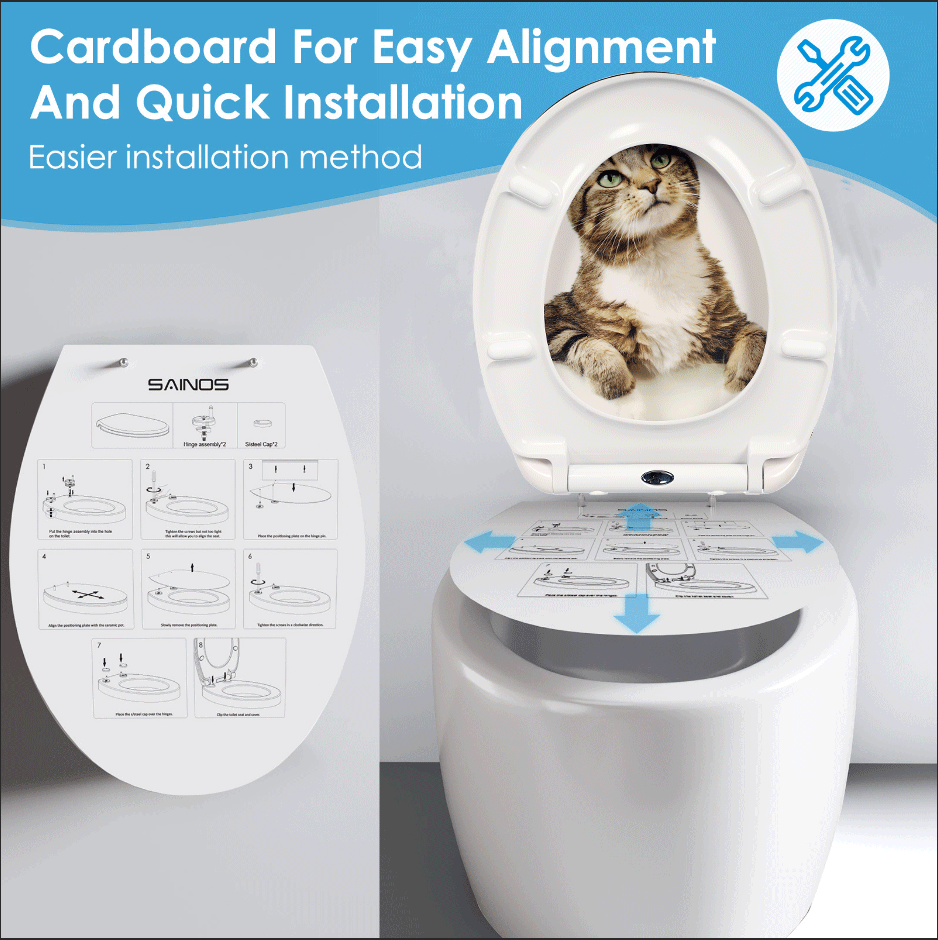 SAINOS O-förmiger Premium-Duroplast Toilettensitz Toilettendeckel, WC Sitz mit Absenkautomatik, Quick-Release Funktion für einfach Reinigung, O Form Weiß Toilettensitz mit Verstellbaren Scharnieren(UF12-390)