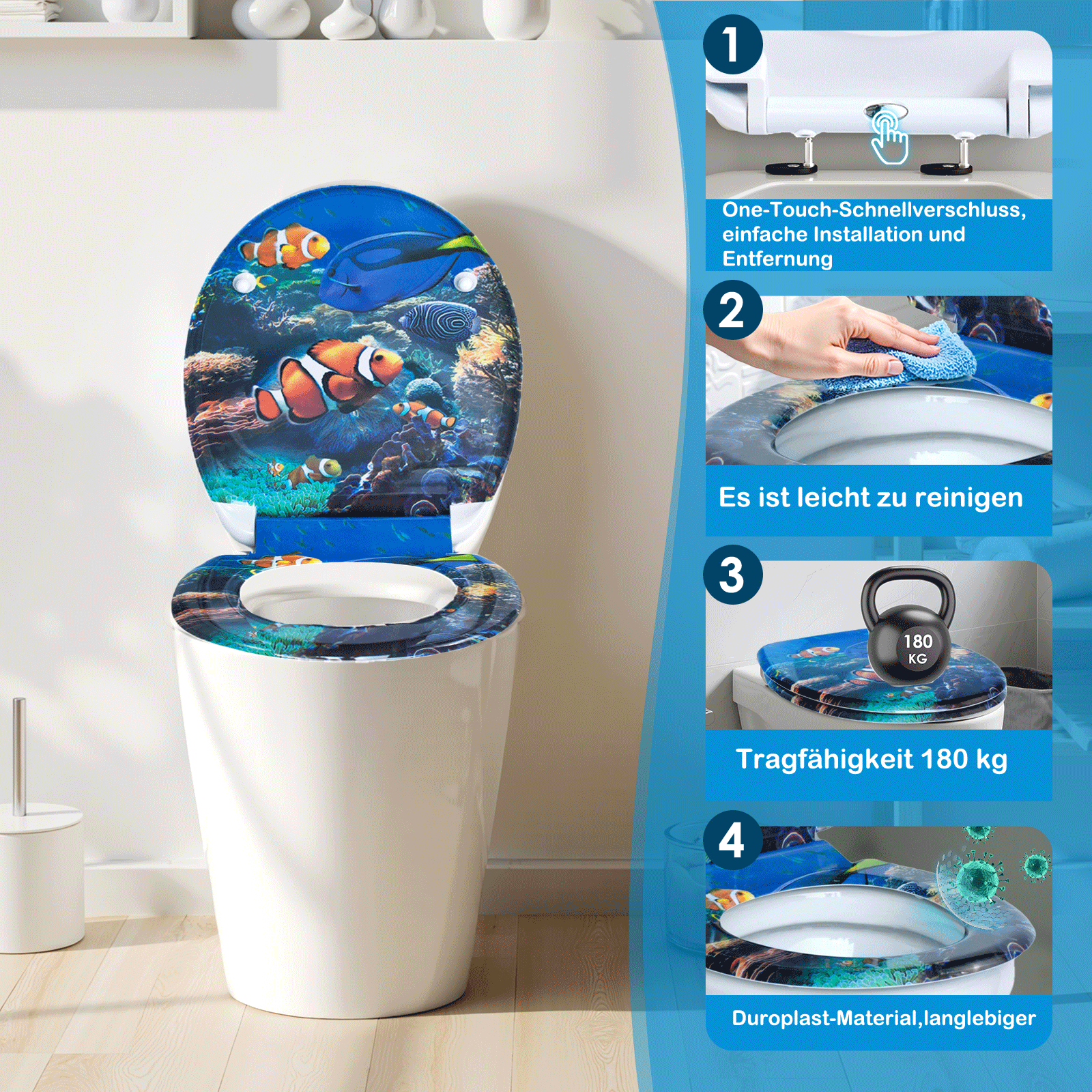 SAINOS O-förmiger Premium-Duroplast Toilettensitz Toilettendeckel, WC Sitz mit Absenkautomatik, Quick-Release Funktion für einfach Reinigung, O Form Weiß Toilettensitz mit Verstellbaren Scharnieren（UF12-401）