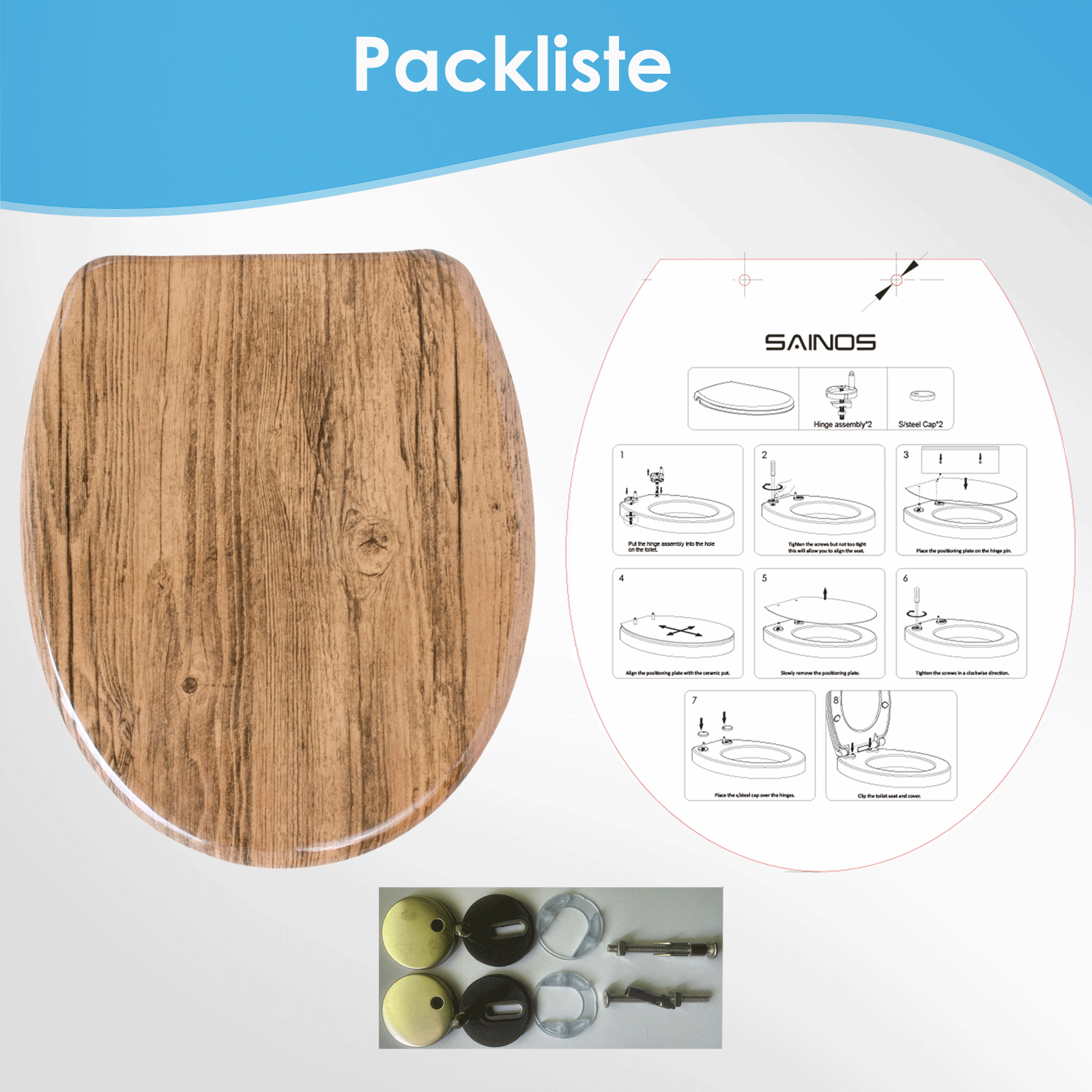 SAINOS O-förmiger Premium-Duroplast Toilettensitz Toilettendeckel, WC Sitz mit Absenkautomatik, Quick-Release Funktion für einfach Reinigung, O Form Weiß Toilettensitz mit Verstellbaren Scharnieren(UF12-434)