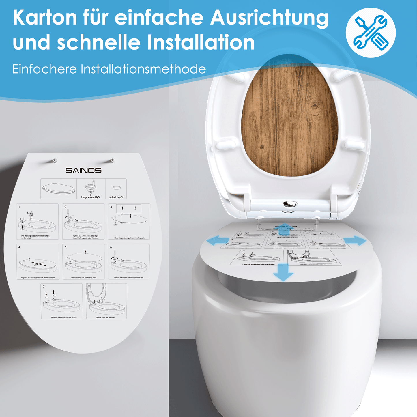 SAINOS O-förmiger Premium-Duroplast Toilettensitz Toilettendeckel, WC Sitz mit Absenkautomatik, Quick-Release Funktion für einfach Reinigung, O Form Weiß Toilettensitz mit Verstellbaren Scharnieren(UF12-434)