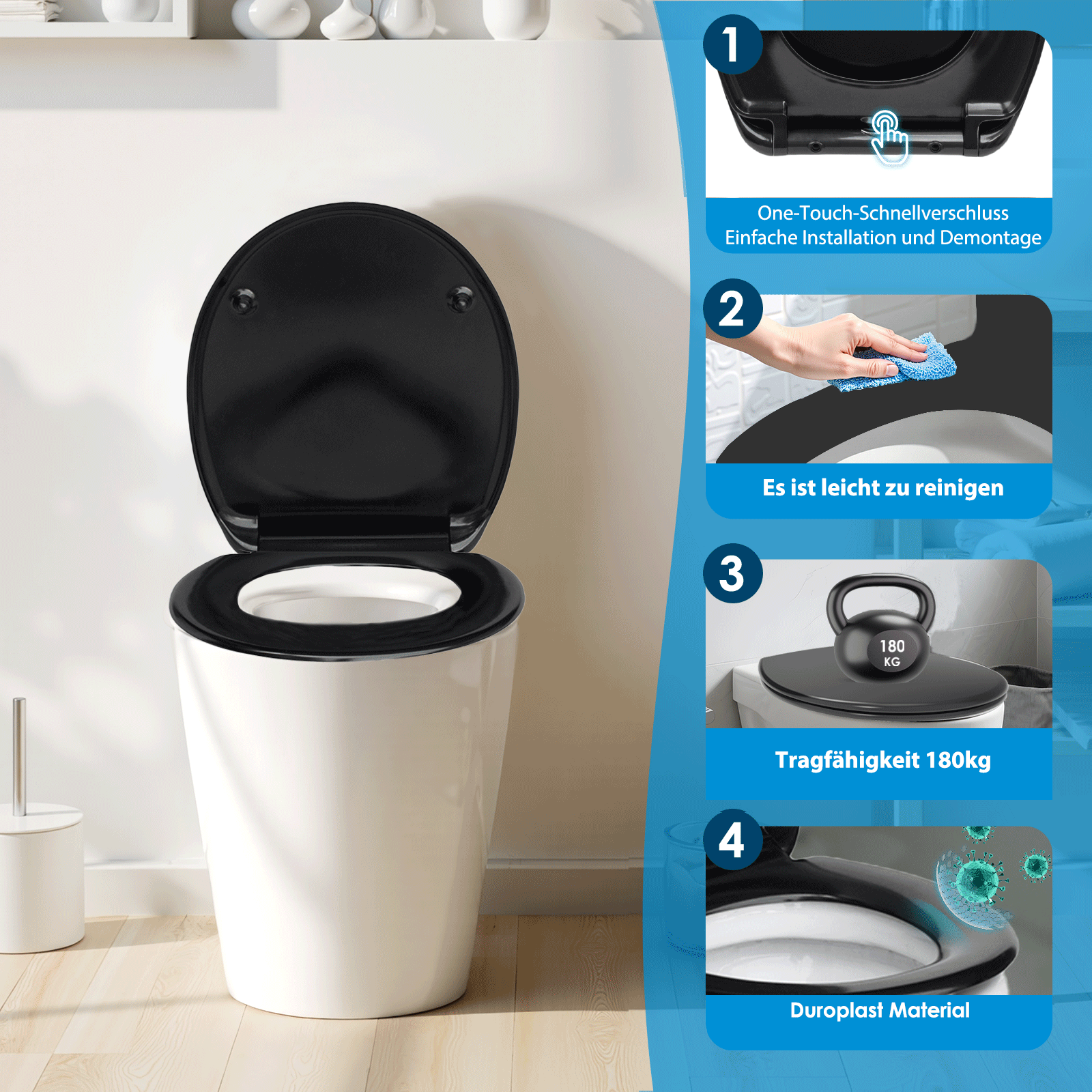 SAINOS O-förmiger Premium-Duroplast Toilettensitz Toilettendeckel, WC Sitz mit Absenkautomatik, Quick-Release Funktion für einfach Reinigung, O Form Weiß Toilettensitz mit Verstellbaren Scharnieren（UF12-B-O）