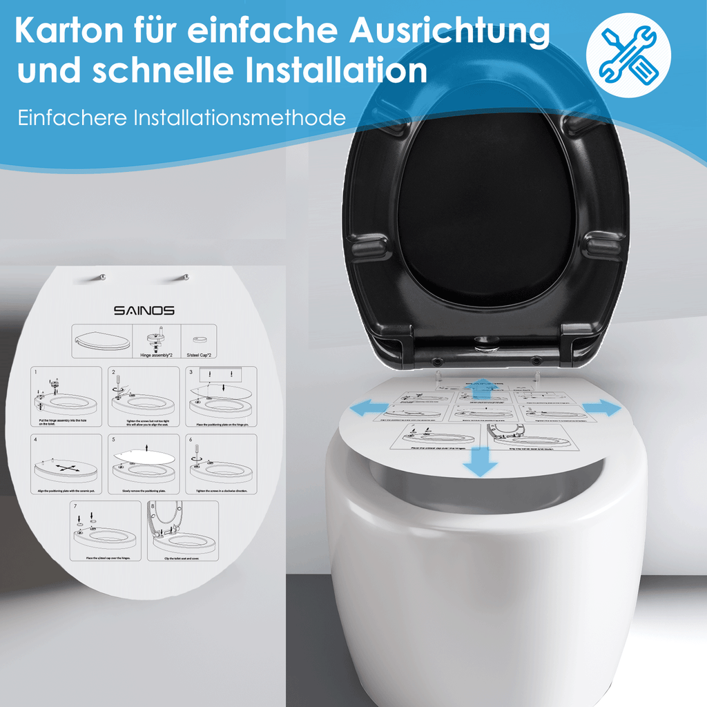 SAINOS O-förmiger Premium-Duroplast Toilettensitz Toilettendeckel, WC Sitz mit Absenkautomatik, Quick-Release Funktion für einfach Reinigung, O Form Weiß Toilettensitz mit Verstellbaren Scharnieren（UF12-B-O）